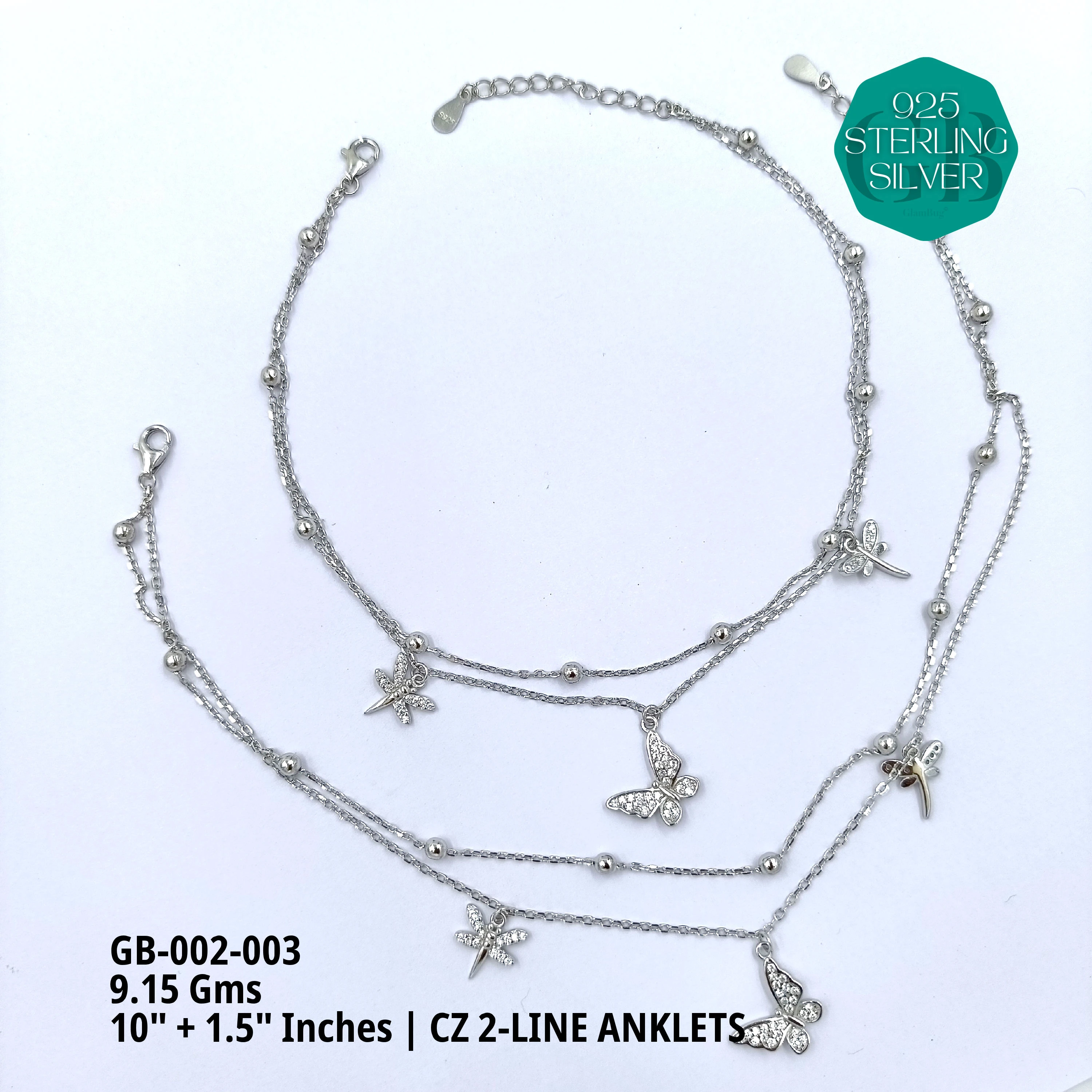 CZ 2-LINE ANKLETS A+ - Premium 925 Silver Jewellery - SKU: GB-002-003 - Hyderabad Silver Importers
