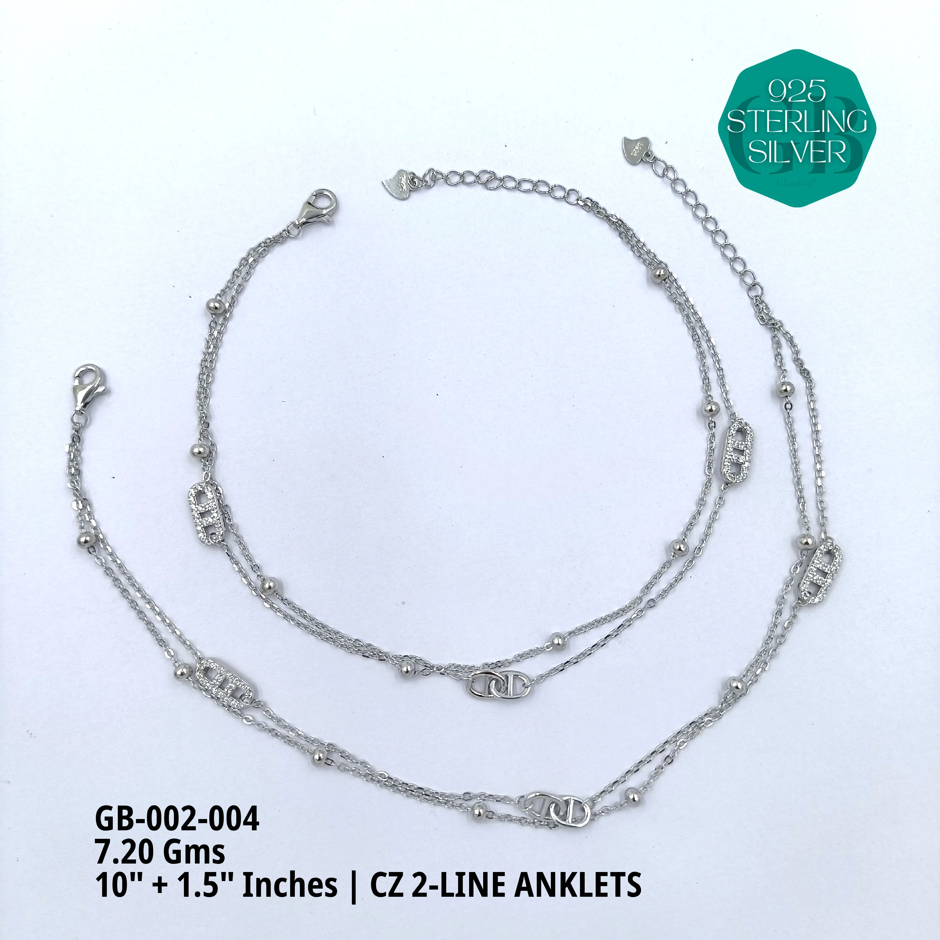 CZ 2-LINE ANKLETS A+ - Premium 925 Silver Jewellery - SKU: GB-002-004 - Hyderabad Silver Importers