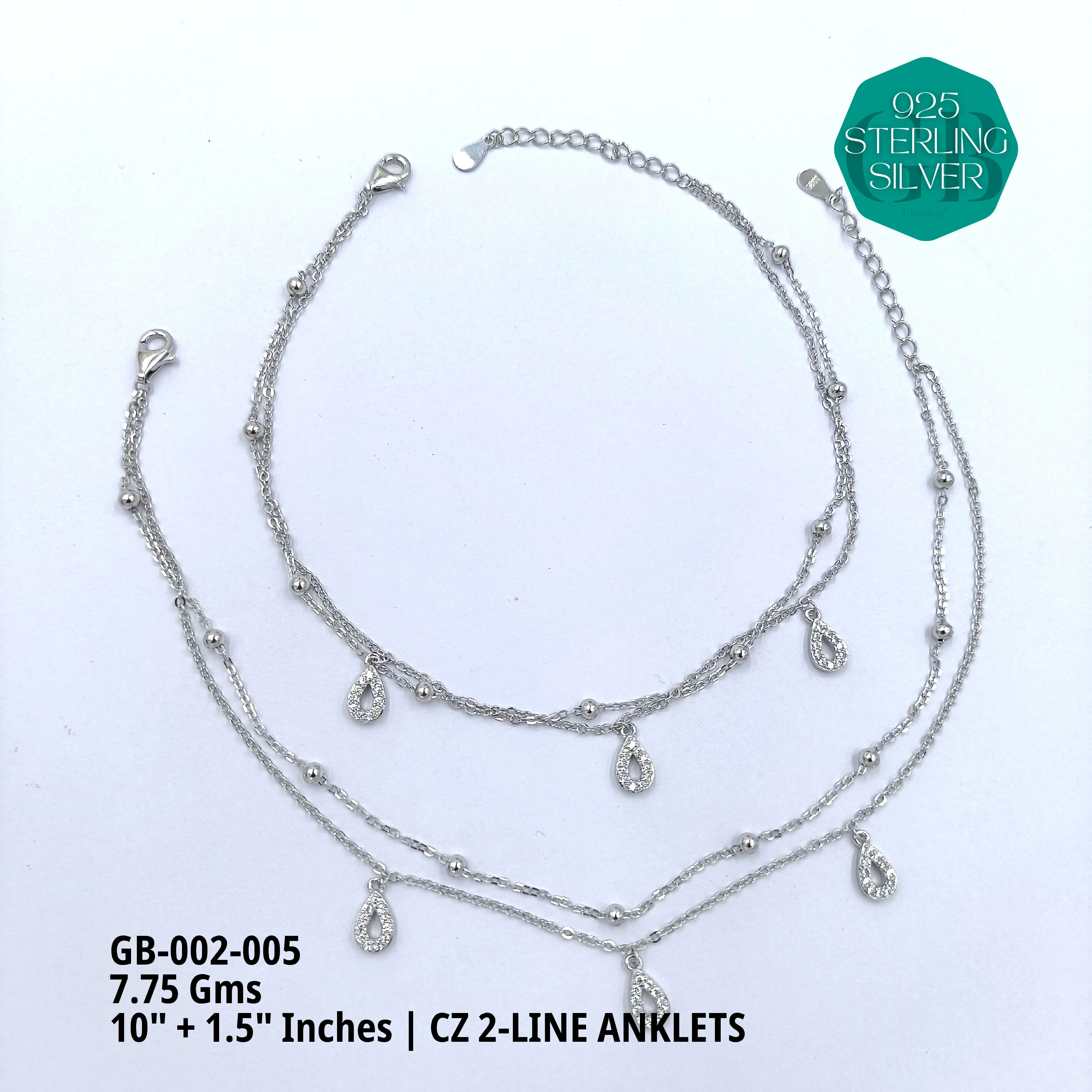 CZ 2-LINE ANKLETS A+ - Premium 925 Silver Jewellery - SKU: GB-002-005 - Hyderabad Silver Importers