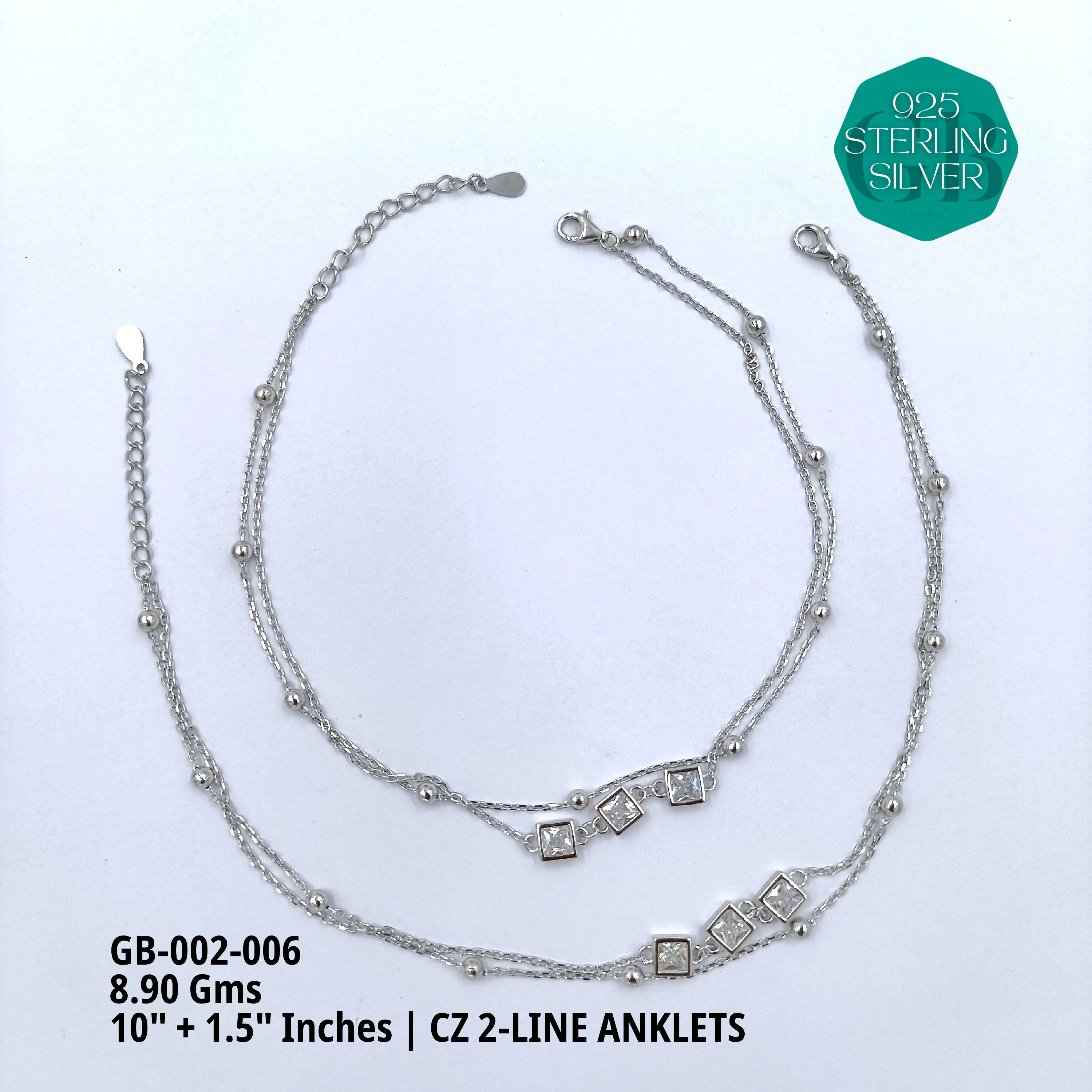 CZ 2-LINE ANKLETS A+ - Premium 925 Silver Jewellery - SKU: GB-002-006 - Hyderabad Silver Importers