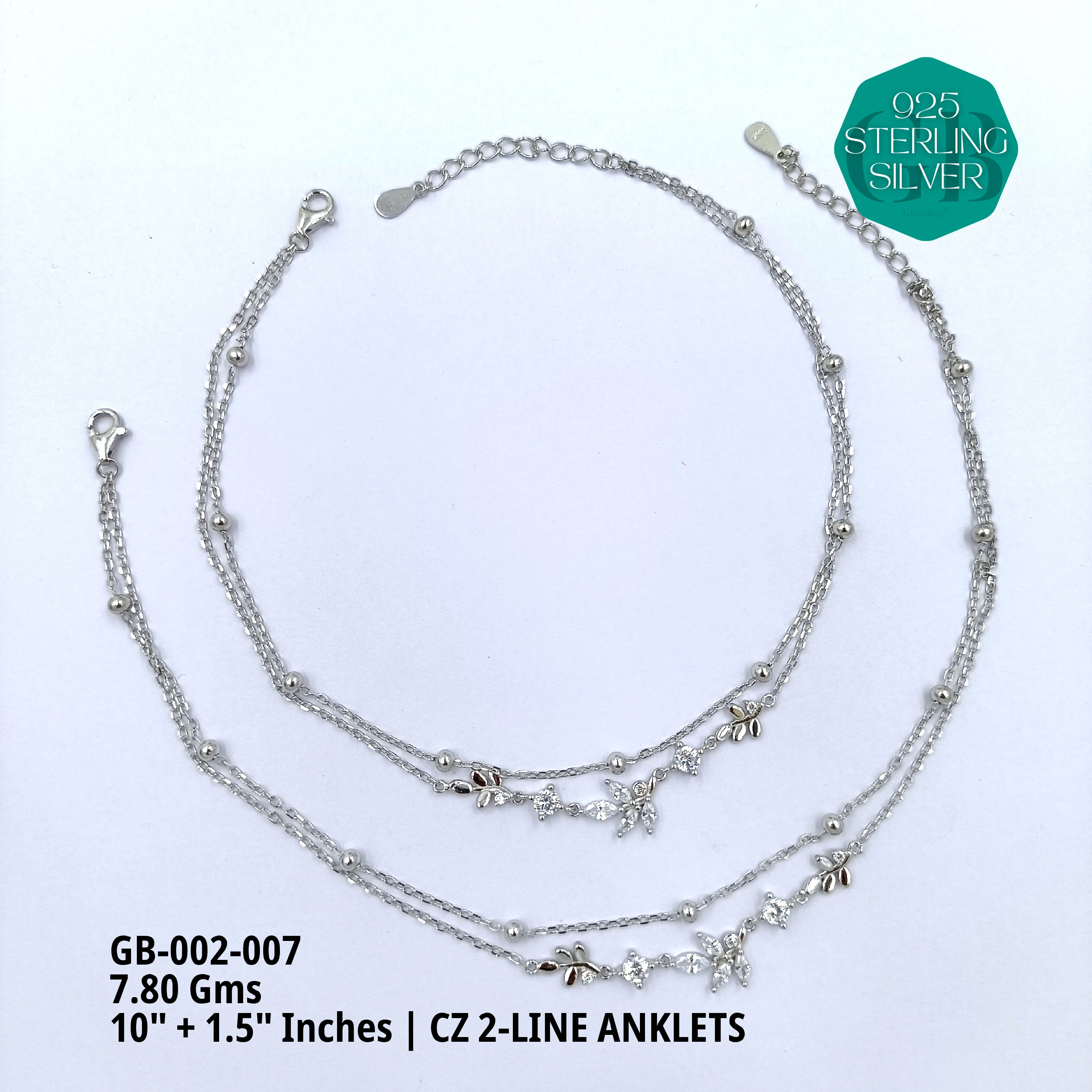 CZ 2-LINE ANKLETS A+ - Premium 925 Silver Jewellery - SKU: GB-002-007 - Hyderabad Silver Importers