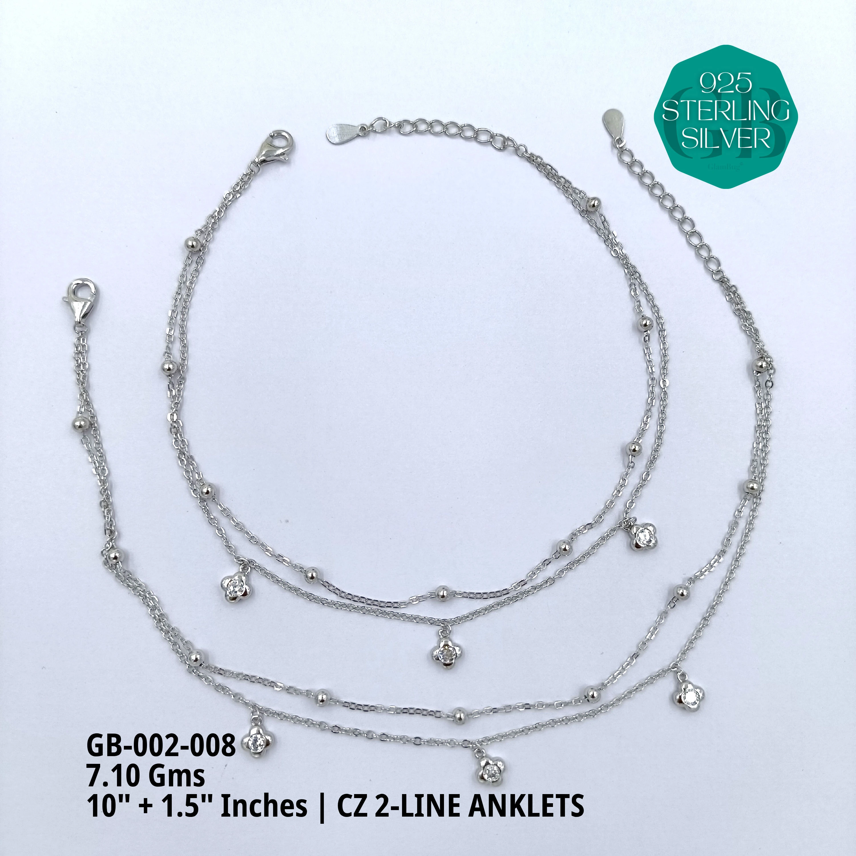 CZ 2-LINE ANKLETS A+ - Premium 925 Silver Jewellery - SKU: GB-002-008 - Hyderabad Silver Importers
