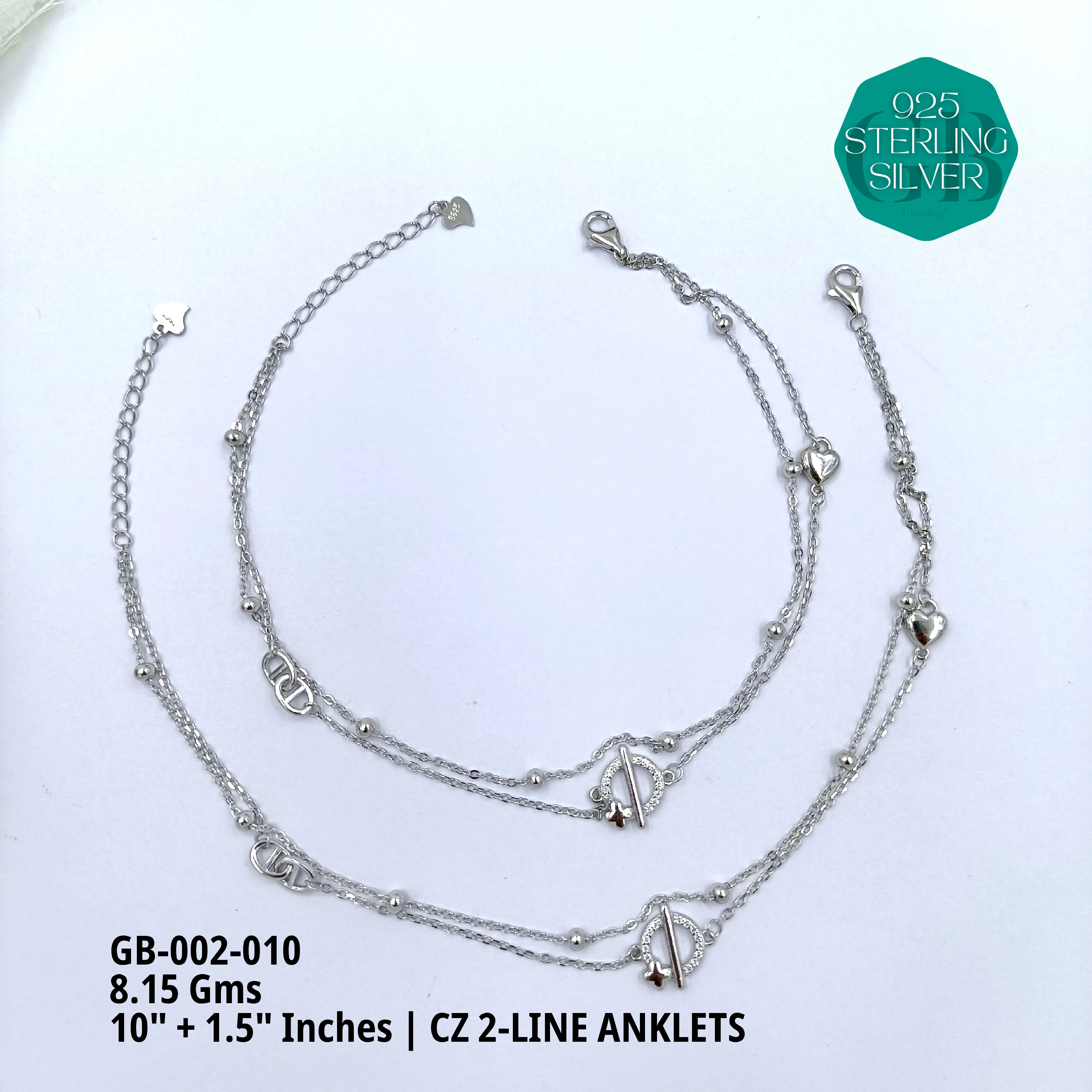 CZ 2-LINE ANKLETS A+ - Premium 925 Silver Jewellery - SKU: GB-002-010 - Hyderabad Silver Importers