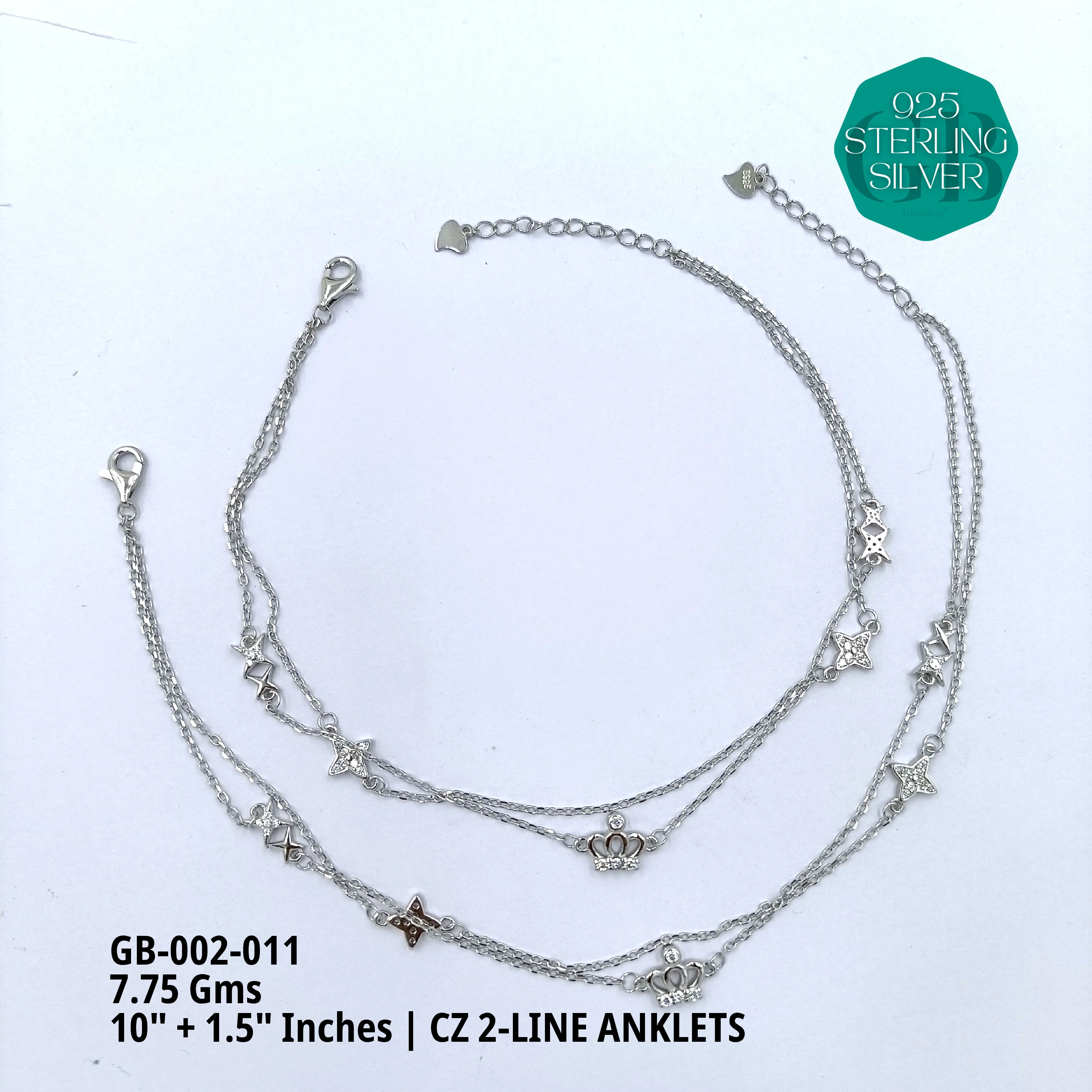 CZ 2-LINE ANKLETS A+ - Premium 925 Silver Jewellery - SKU: GB-002-011 - Hyderabad Silver Importers