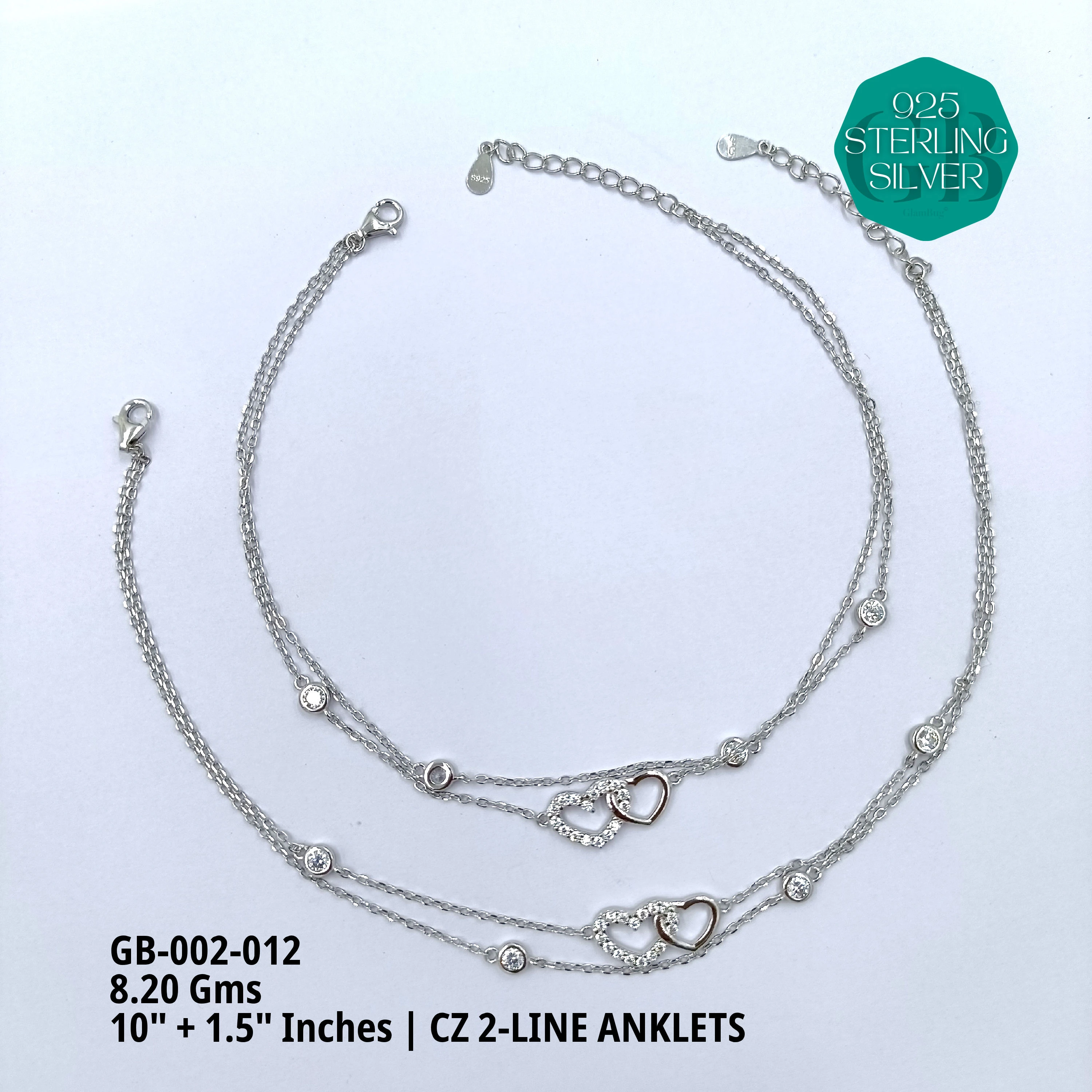 CZ 2-LINE ANKLETS A+ - Premium 925 Silver Jewellery - SKU: GB-002-012 - Hyderabad Silver Importers