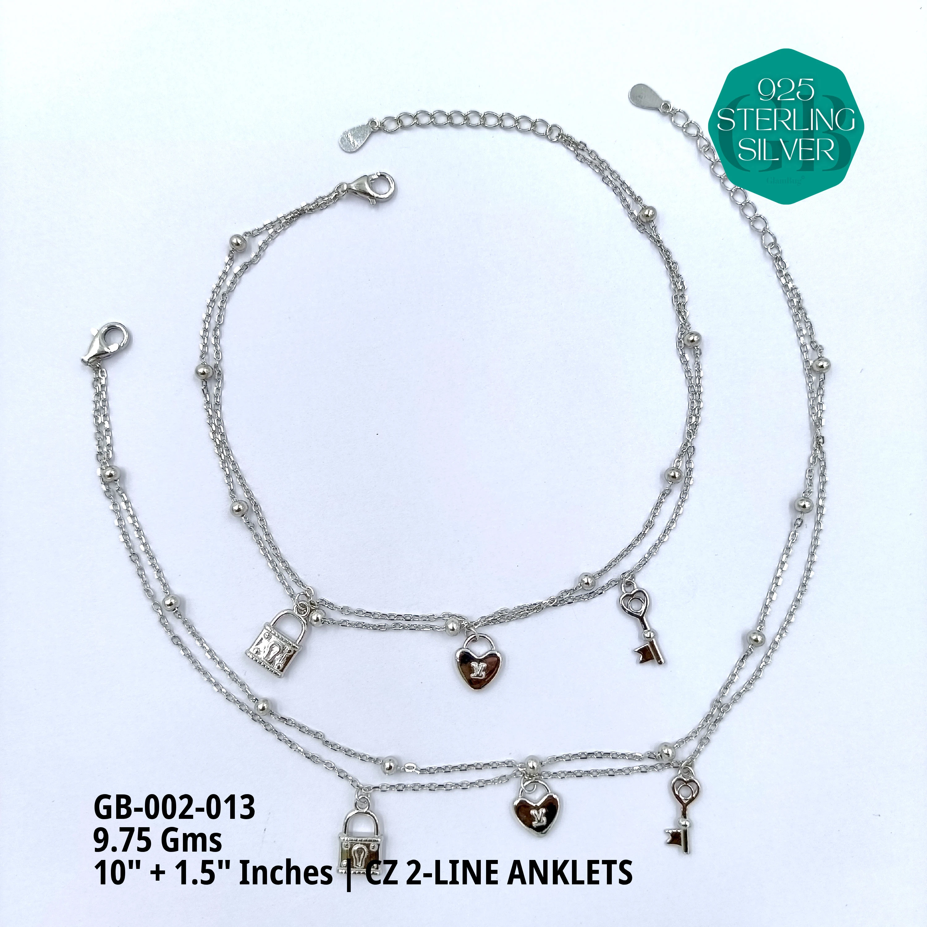 CZ 2-LINE ANKLETS A+ - Premium 925 Silver Jewellery - SKU: GB-002-013 - Hyderabad Silver Importers