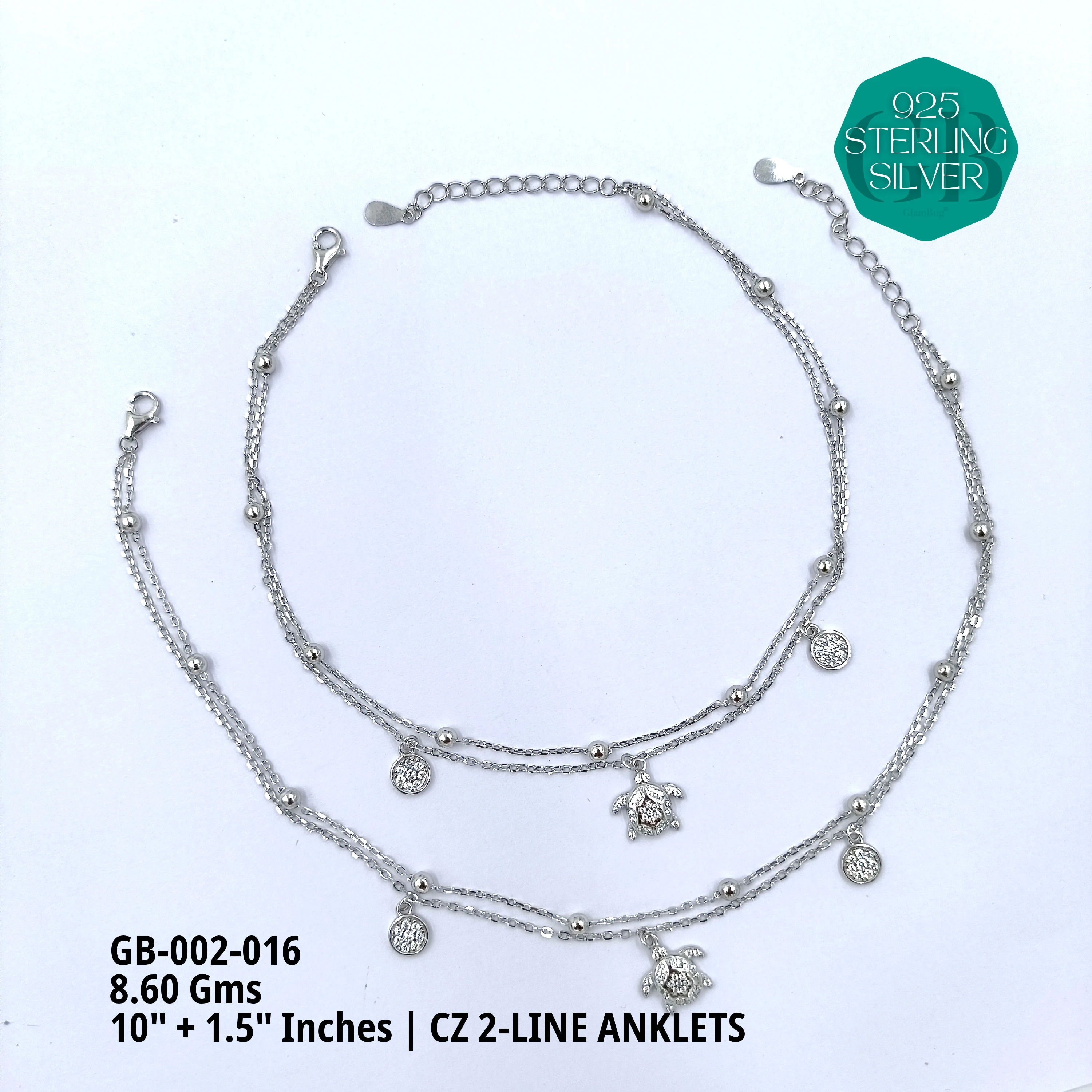 CZ 2-LINE ANKLETS A+ - Premium 925 Silver Jewellery - SKU: GB-002-016 - Hyderabad Silver Importers