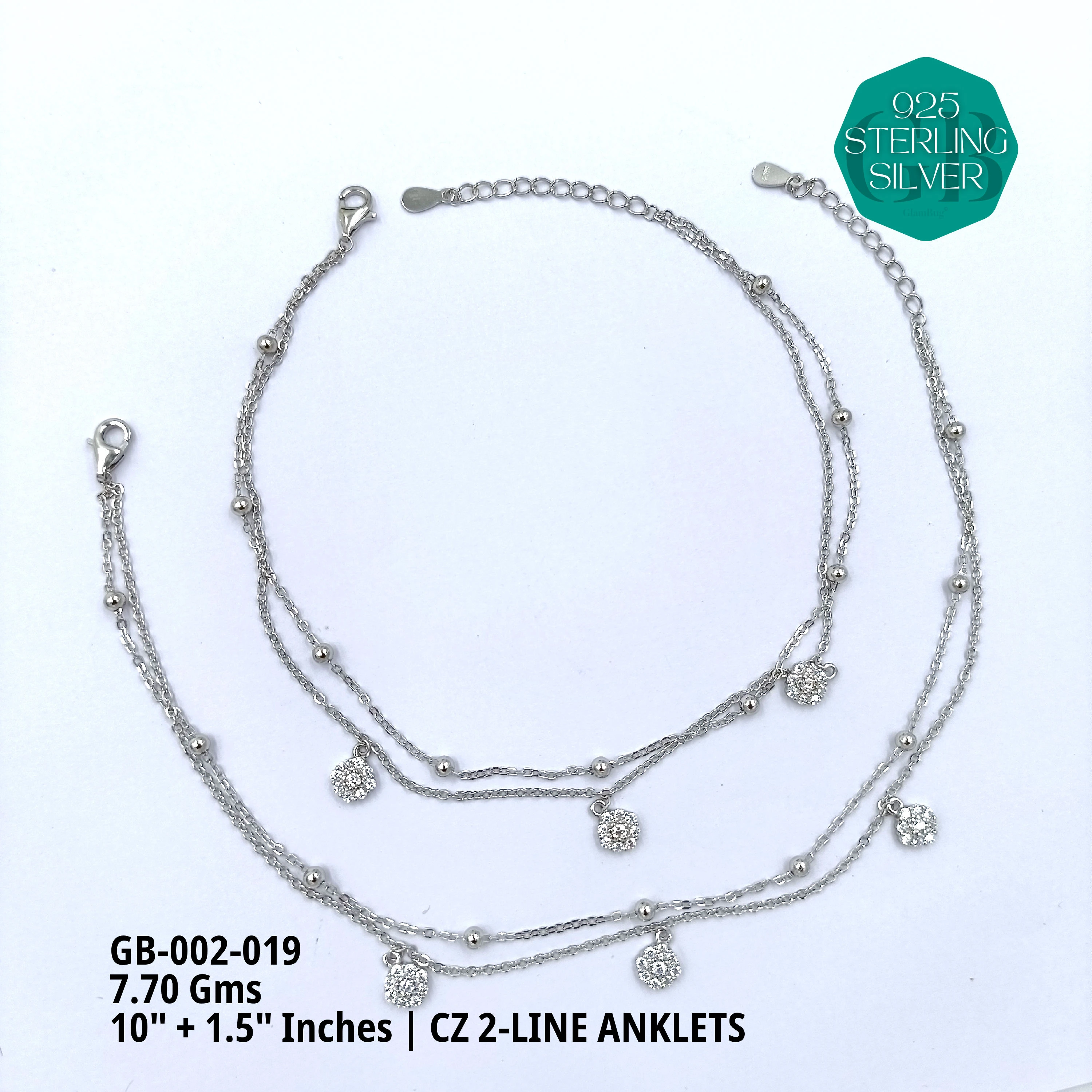 CZ 2-LINE ANKLETS A+ - Premium 925 Silver Jewellery - SKU: GB-002-019 - Hyderabad Silver Importers