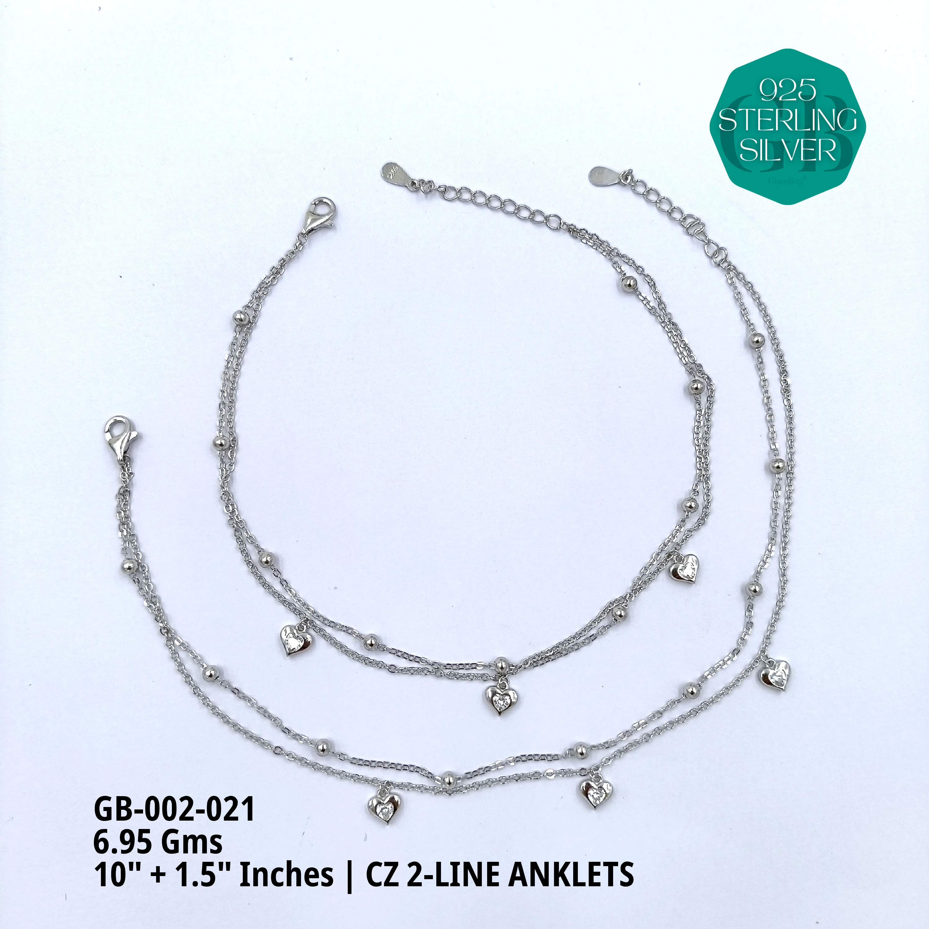 CZ 2-LINE ANKLETS A+ - Premium 925 Silver Jewellery - SKU: GB-002-021 - Hyderabad Silver Importers