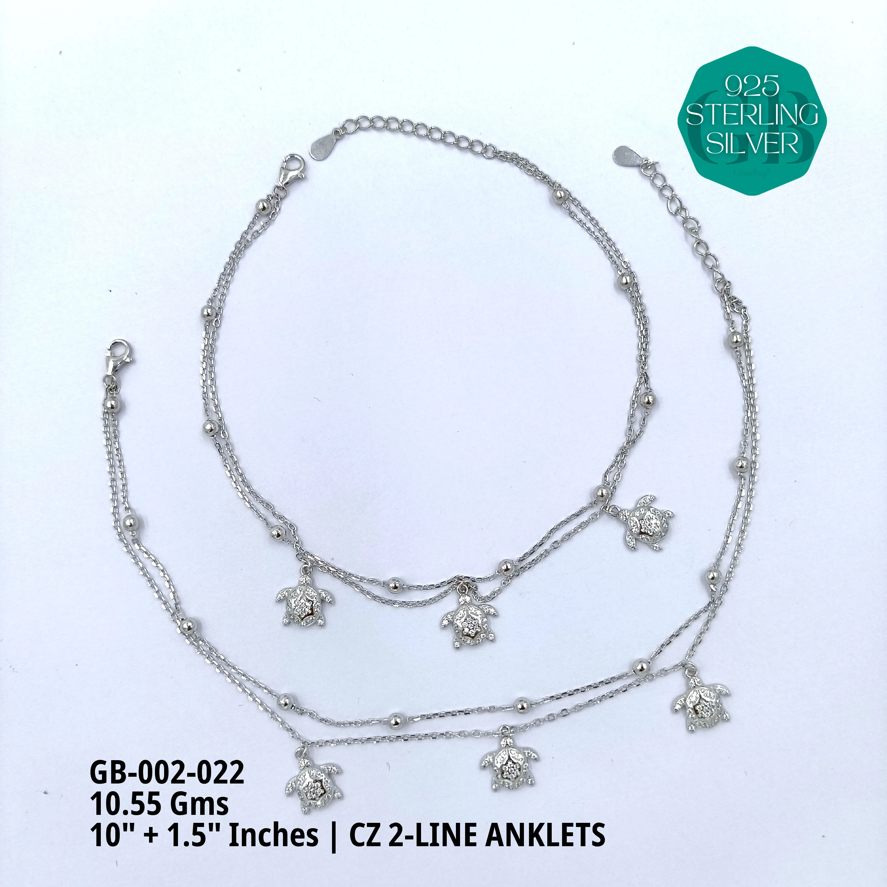 CZ 2-LINE ANKLETS A+ - Premium 925 Silver Jewellery - SKU: GB-002-022 - Hyderabad Silver Importers