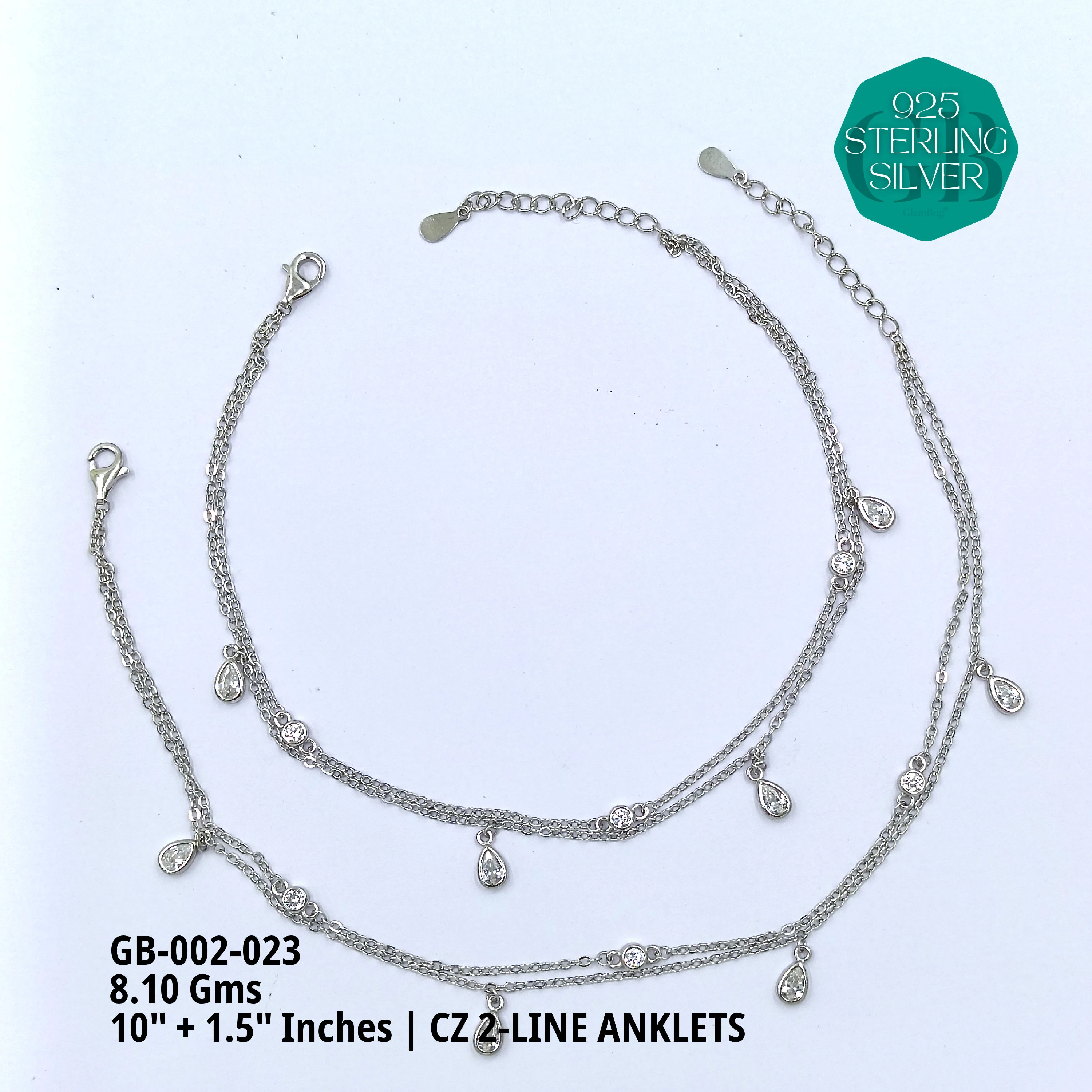 CZ 2-LINE ANKLETS A+ - Premium 925 Silver Jewellery - SKU: GB-002-023 - Hyderabad Silver Importers
