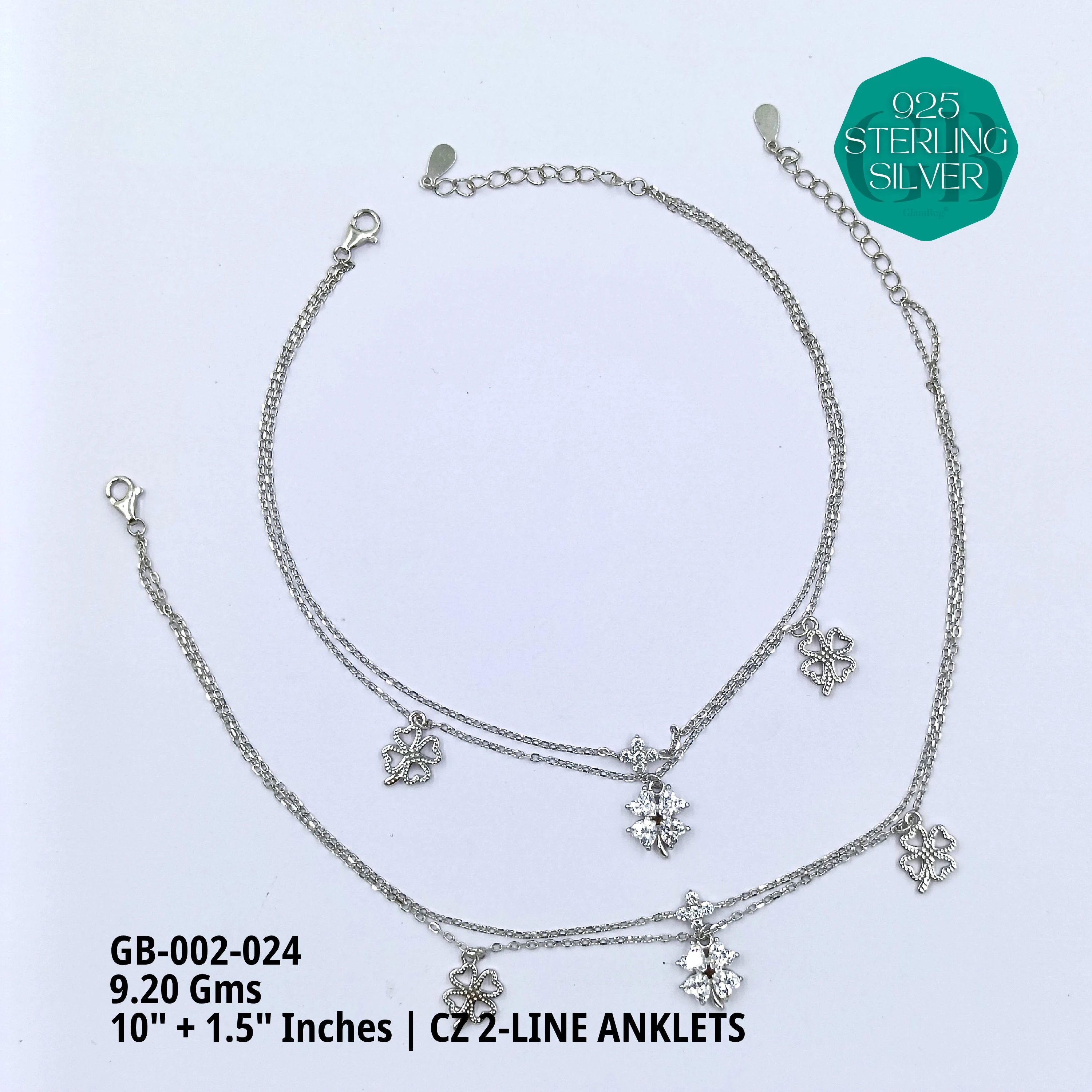 CZ 2-LINE ANKLETS A+ - Premium 925 Silver Jewellery - SKU: GB-002-024 - Hyderabad Silver Importers