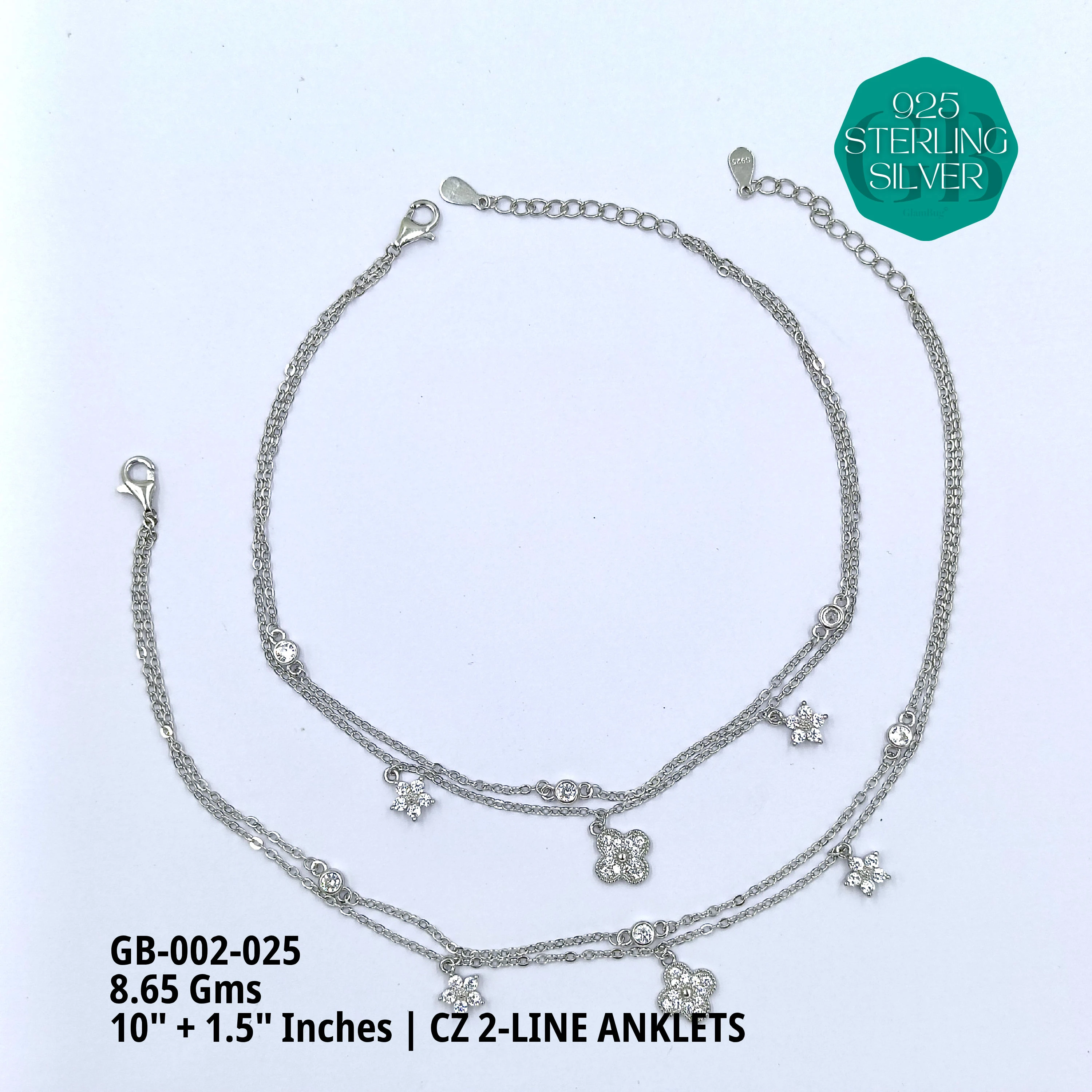 CZ 2-LINE ANKLETS A+ - Premium 925 Silver Jewellery - SKU: GB-002-025 - Hyderabad Silver Importers