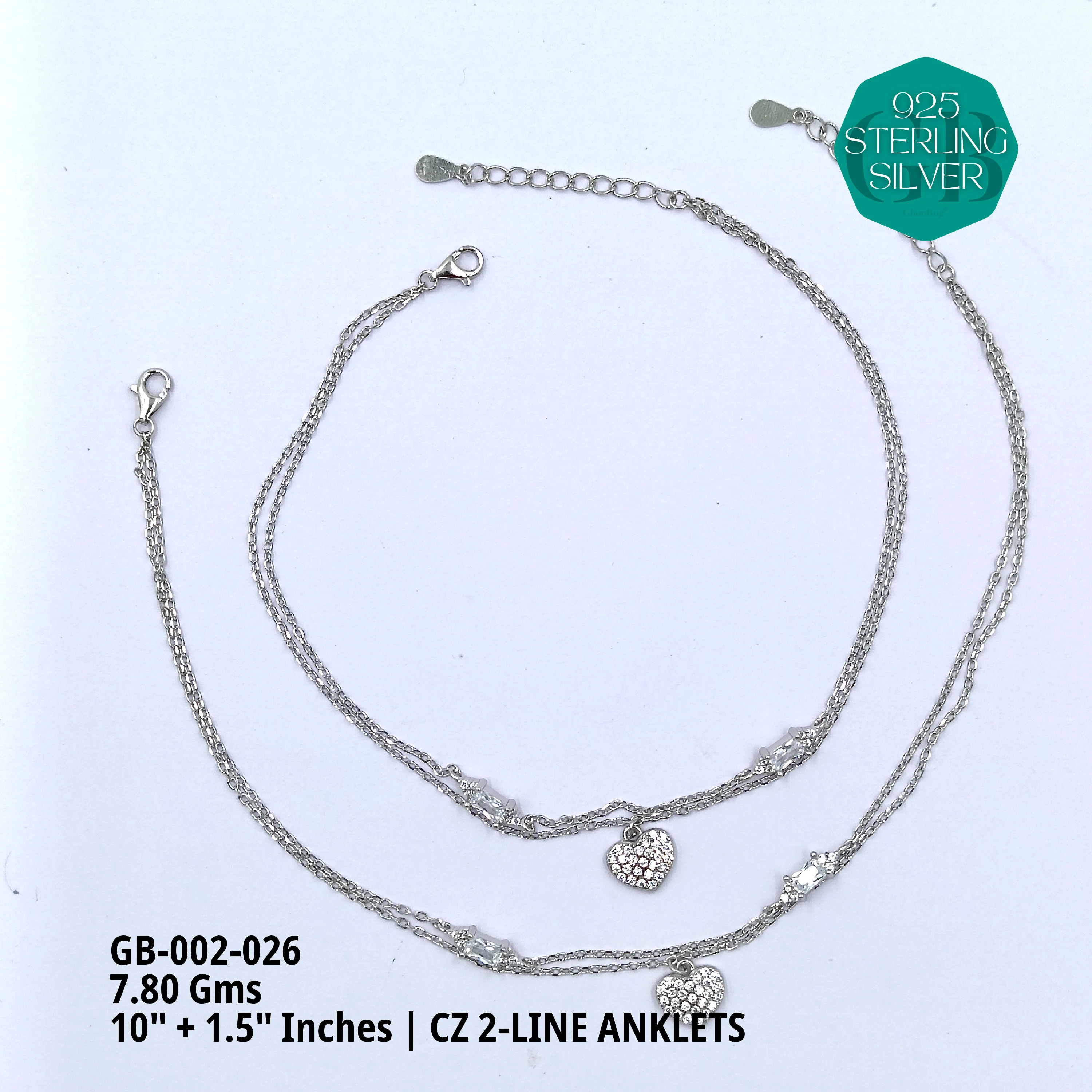 CZ 2-LINE ANKLETS A+ - Premium 925 Silver Jewellery - SKU: GB-002-026 - Hyderabad Silver Importers