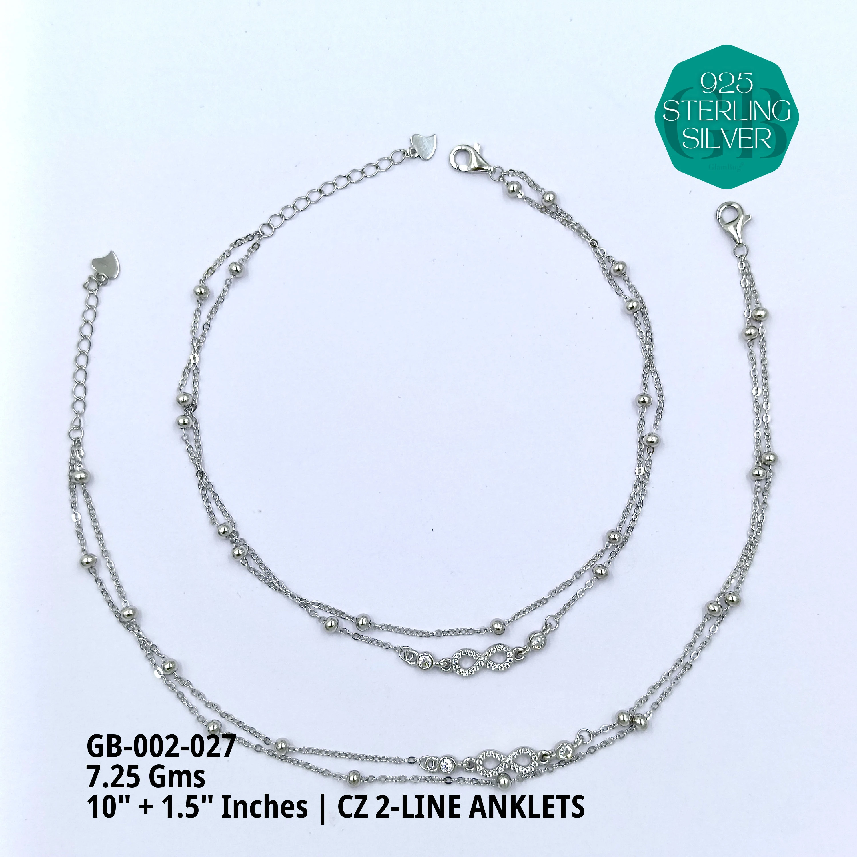 CZ 2-LINE ANKLETS A+ - Premium 925 Silver Jewellery - SKU: GB-002-027 - Hyderabad Silver Importers