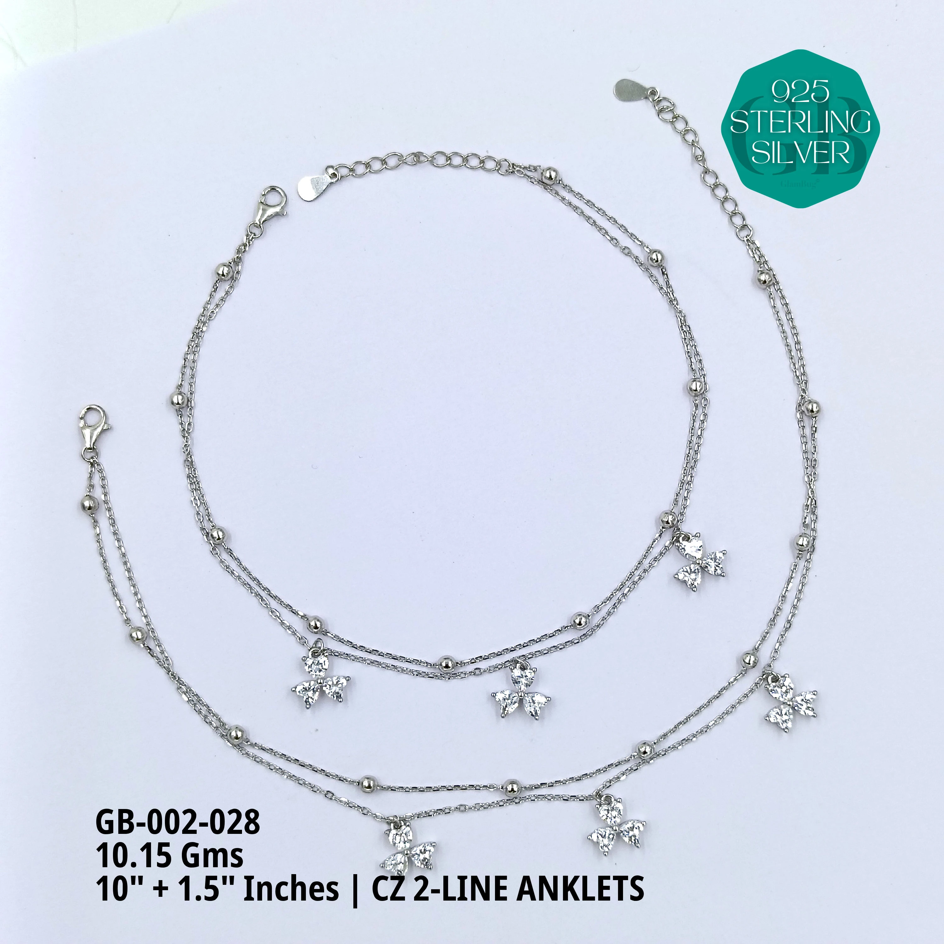 CZ 2-LINE ANKLETS A+ - Premium 925 Silver Jewellery - SKU: GB-002-028 - Hyderabad Silver Importers