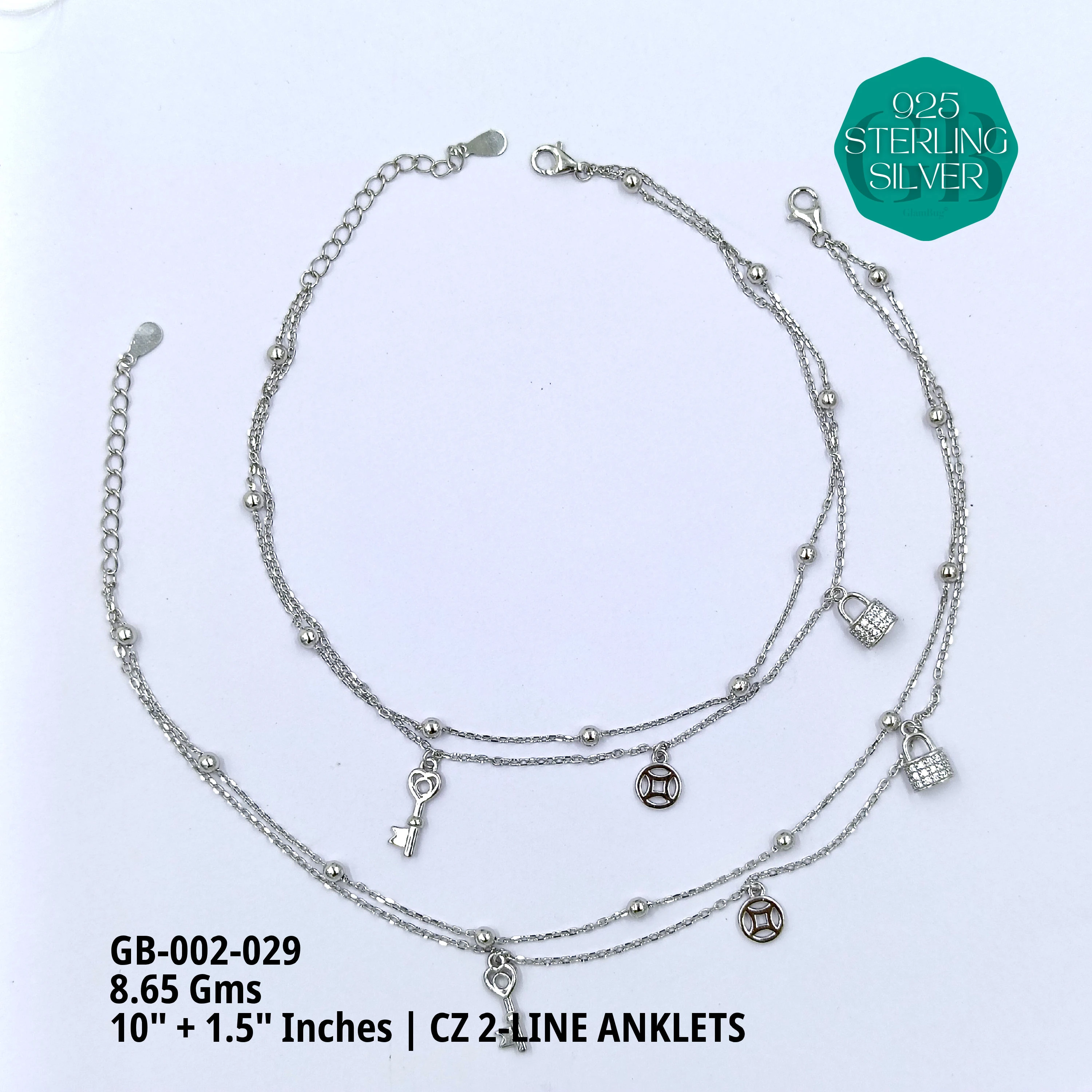 CZ 2-LINE ANKLETS A+ - Premium 925 Silver Jewellery - SKU: GB-002-029 - Hyderabad Silver Importers