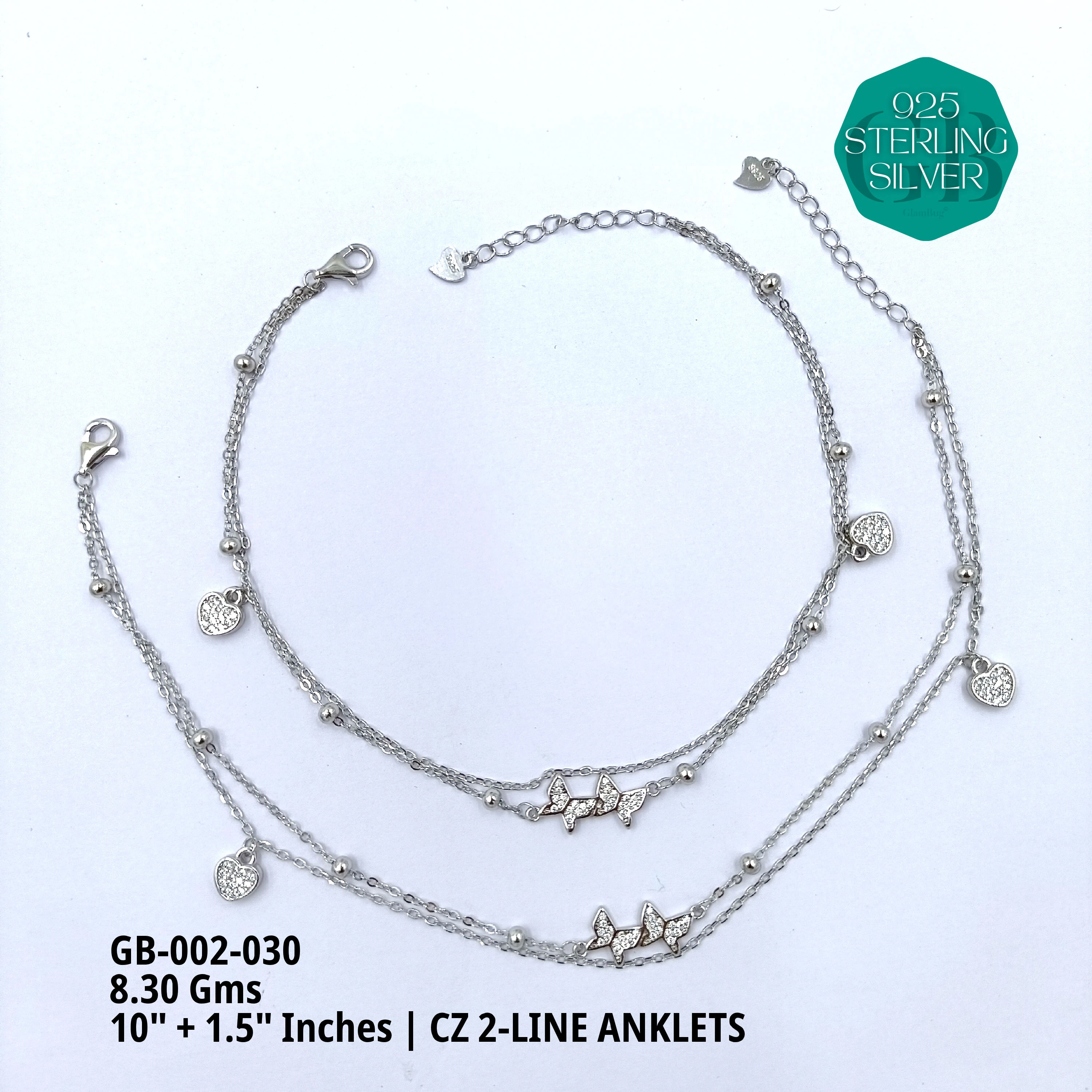 CZ 2-LINE ANKLETS A+ - Premium 925 Silver Jewellery - SKU: GB-002-030 - Hyderabad Silver Importers