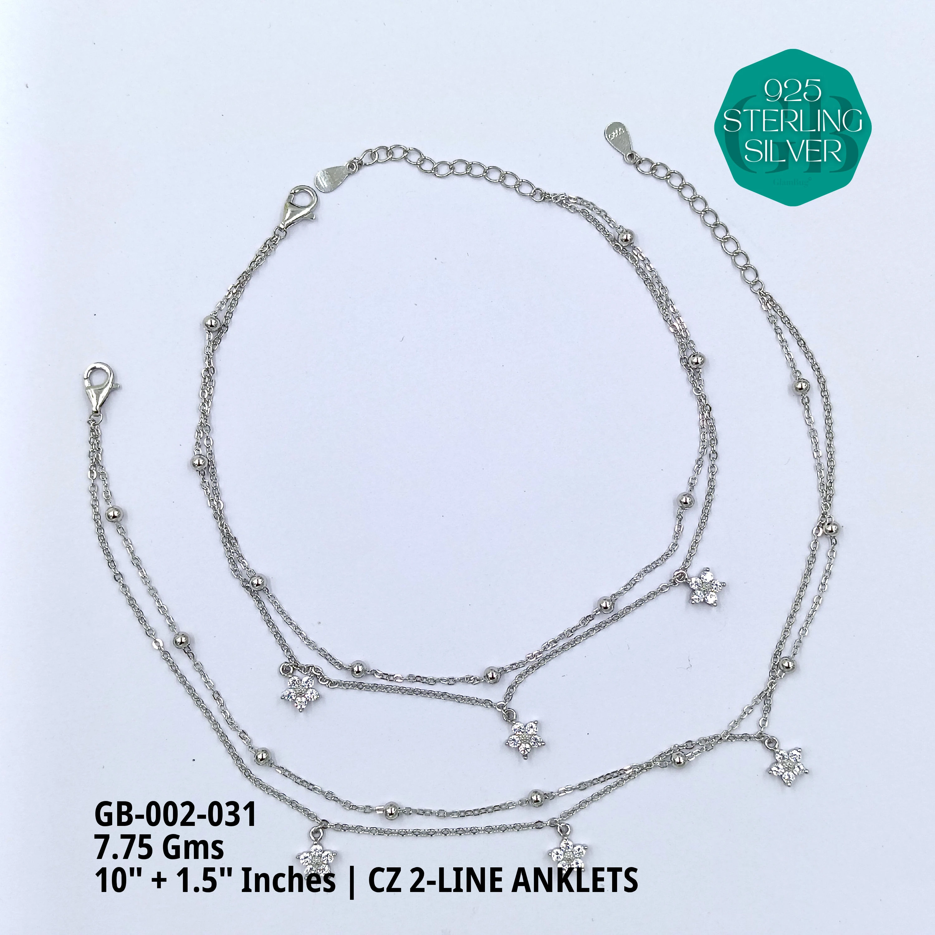 CZ 2-LINE ANKLETS A+ - Premium 925 Silver Jewellery - SKU: GB-002-031 - Hyderabad Silver Importers