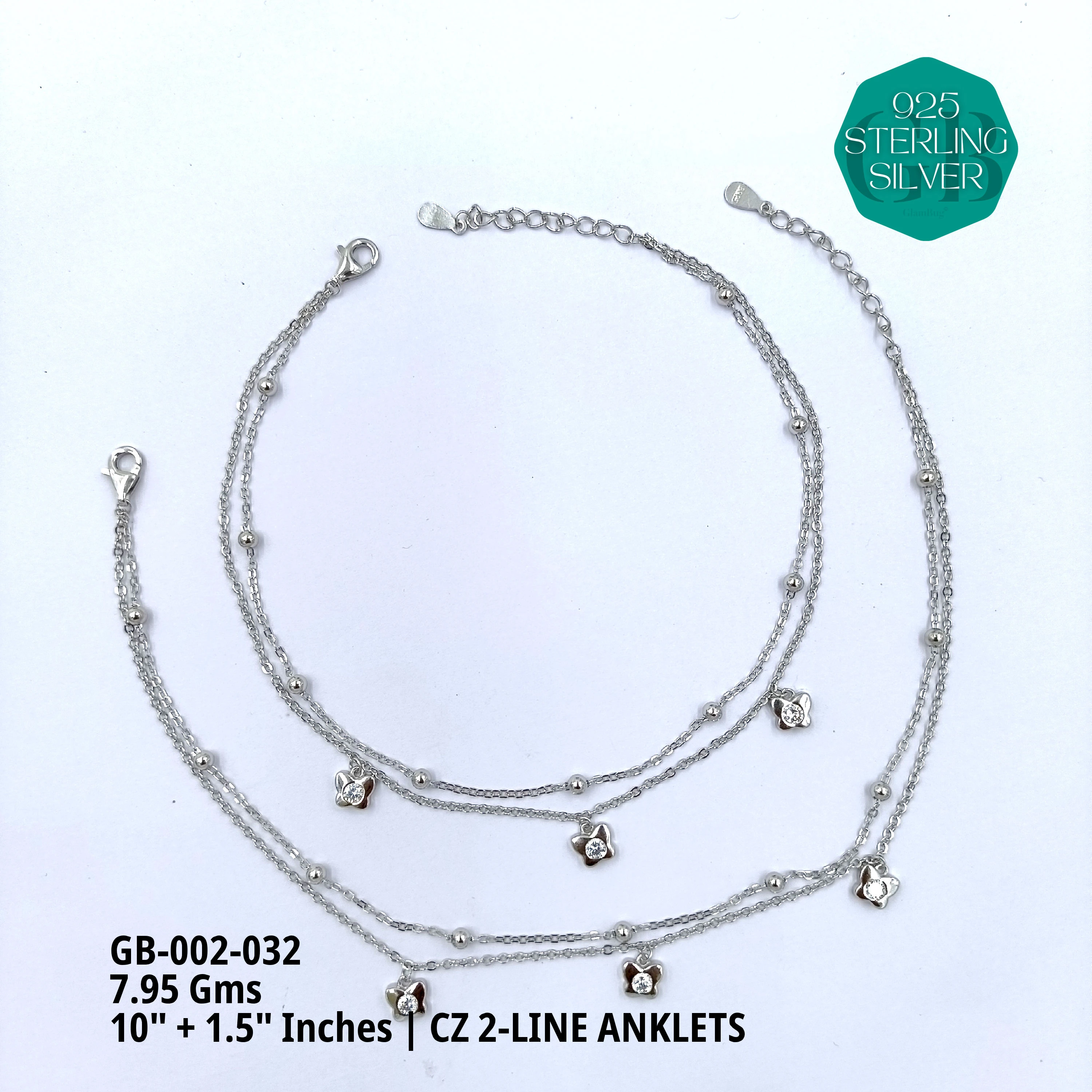 CZ 2-LINE ANKLETS A+ - Premium 925 Silver Jewellery - SKU: GB-002-032 - Hyderabad Silver Importers