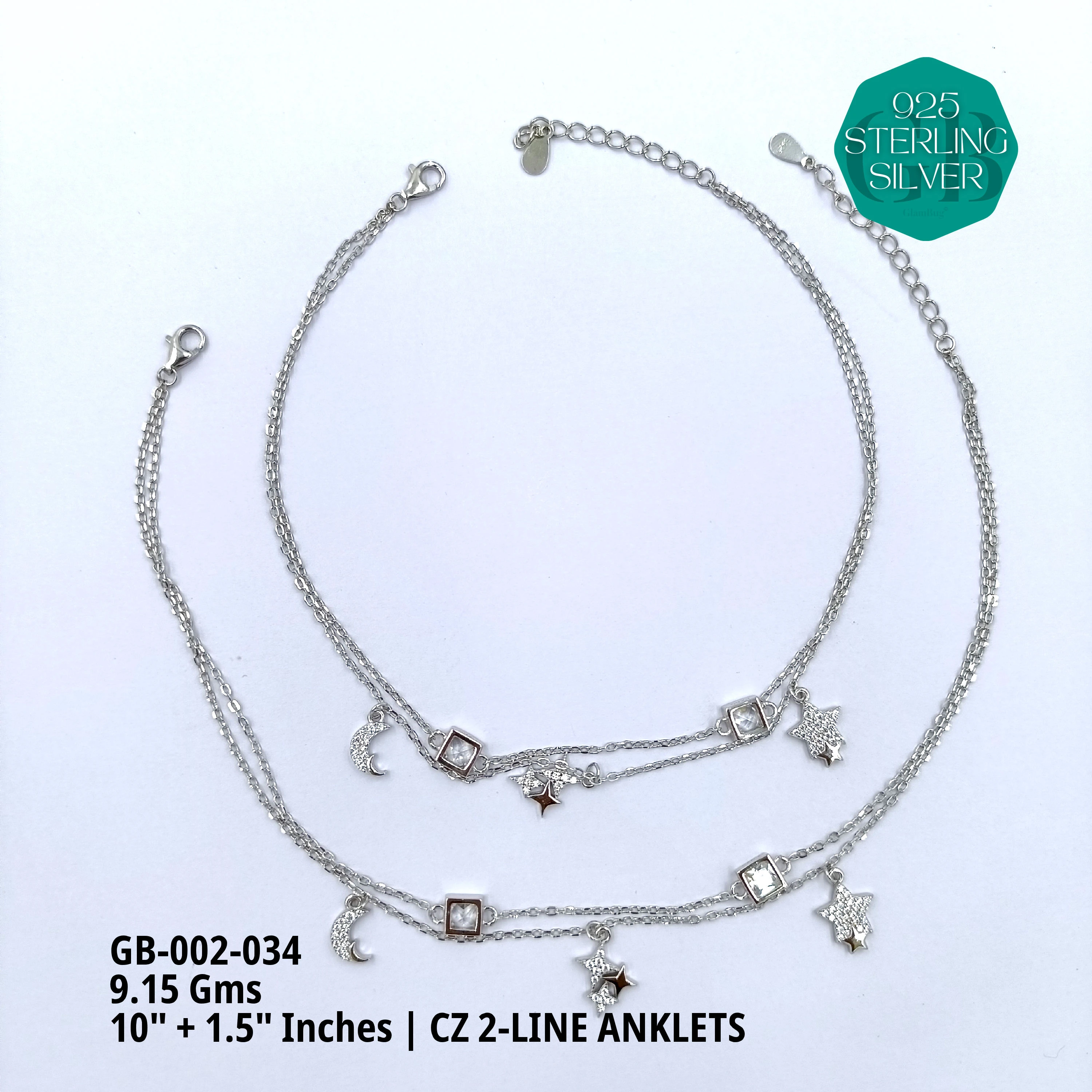 CZ 2-LINE ANKLETS A+ - Premium 925 Silver Jewellery - SKU: GB-002-034 - Hyderabad Silver Importers