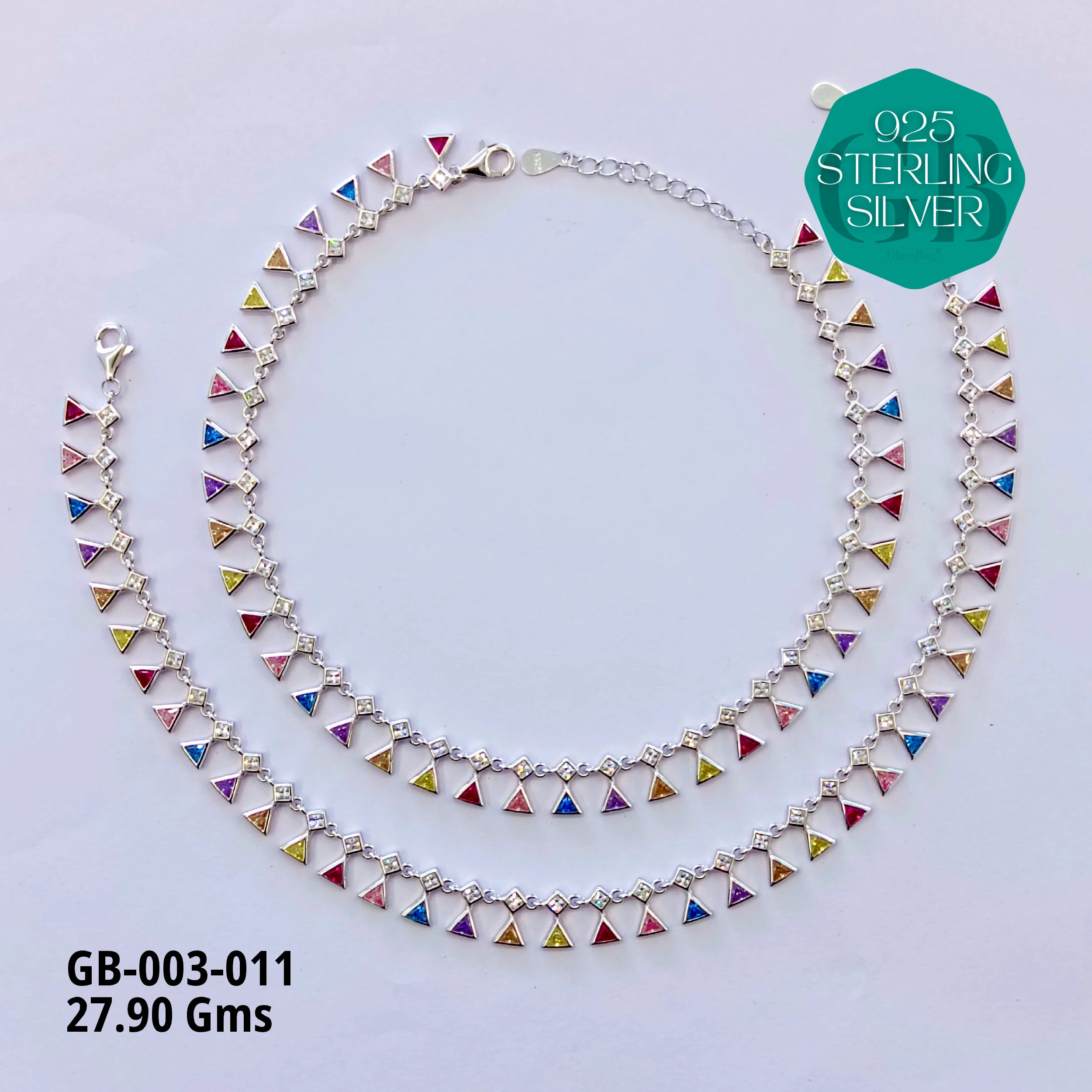 CZ DESI STYLE COLOUR ANKLETS - Premium 925 Silver Jewellery - SKU: GB-003-011 - Hyderabad Silver Importers