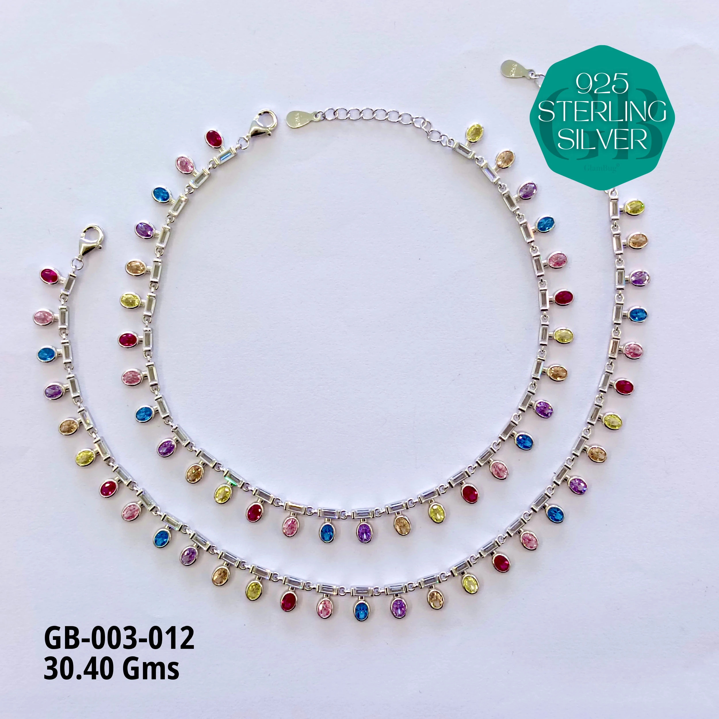 CZ DESI STYLE COLOUR ANKLETS - Premium 925 Silver Jewellery - SKU: GB-003-012 - Hyderabad Silver Importers