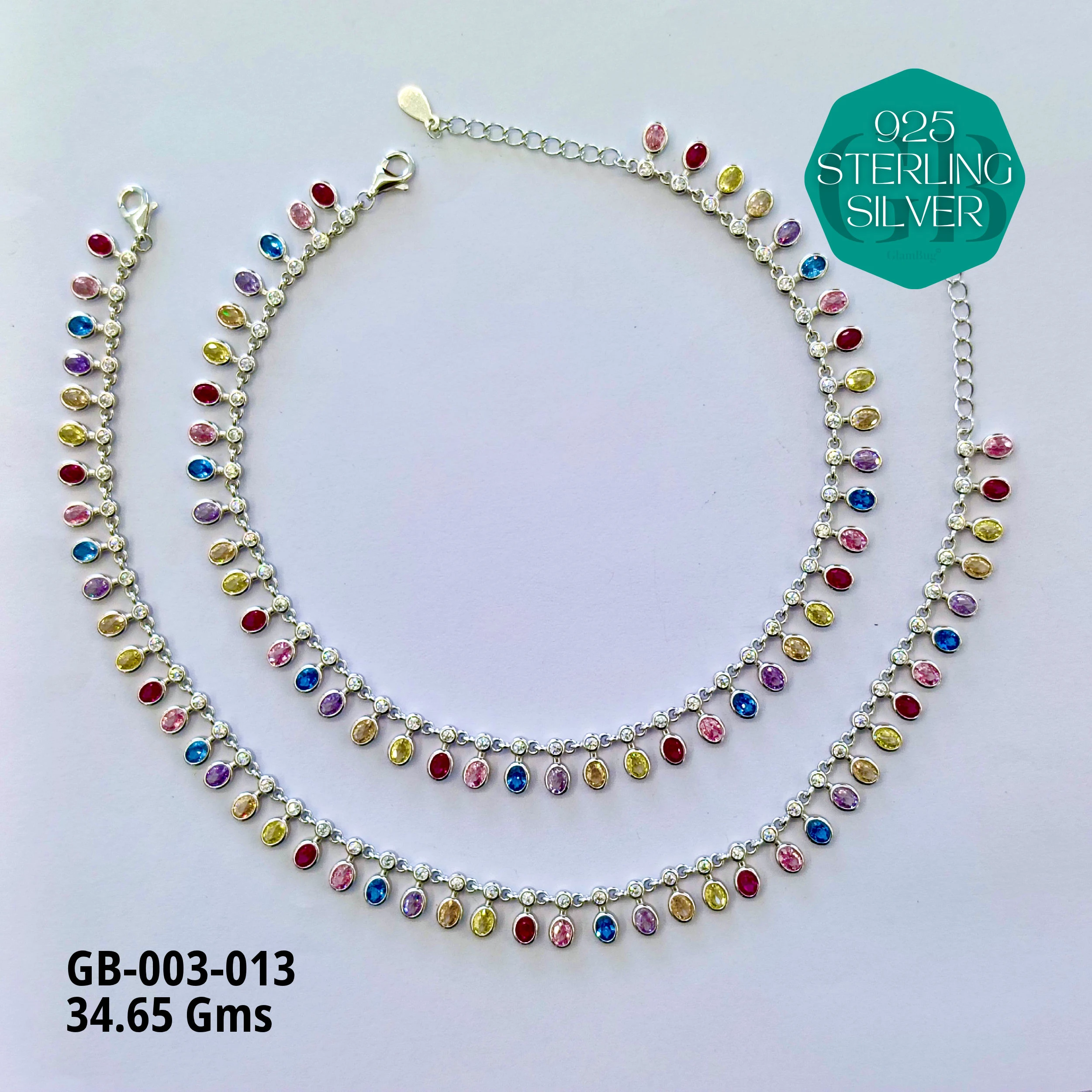 CZ DESI STYLE COLOUR ANKLETS - Premium 925 Silver Jewellery - SKU: GB-003-013 - Hyderabad Silver Importers