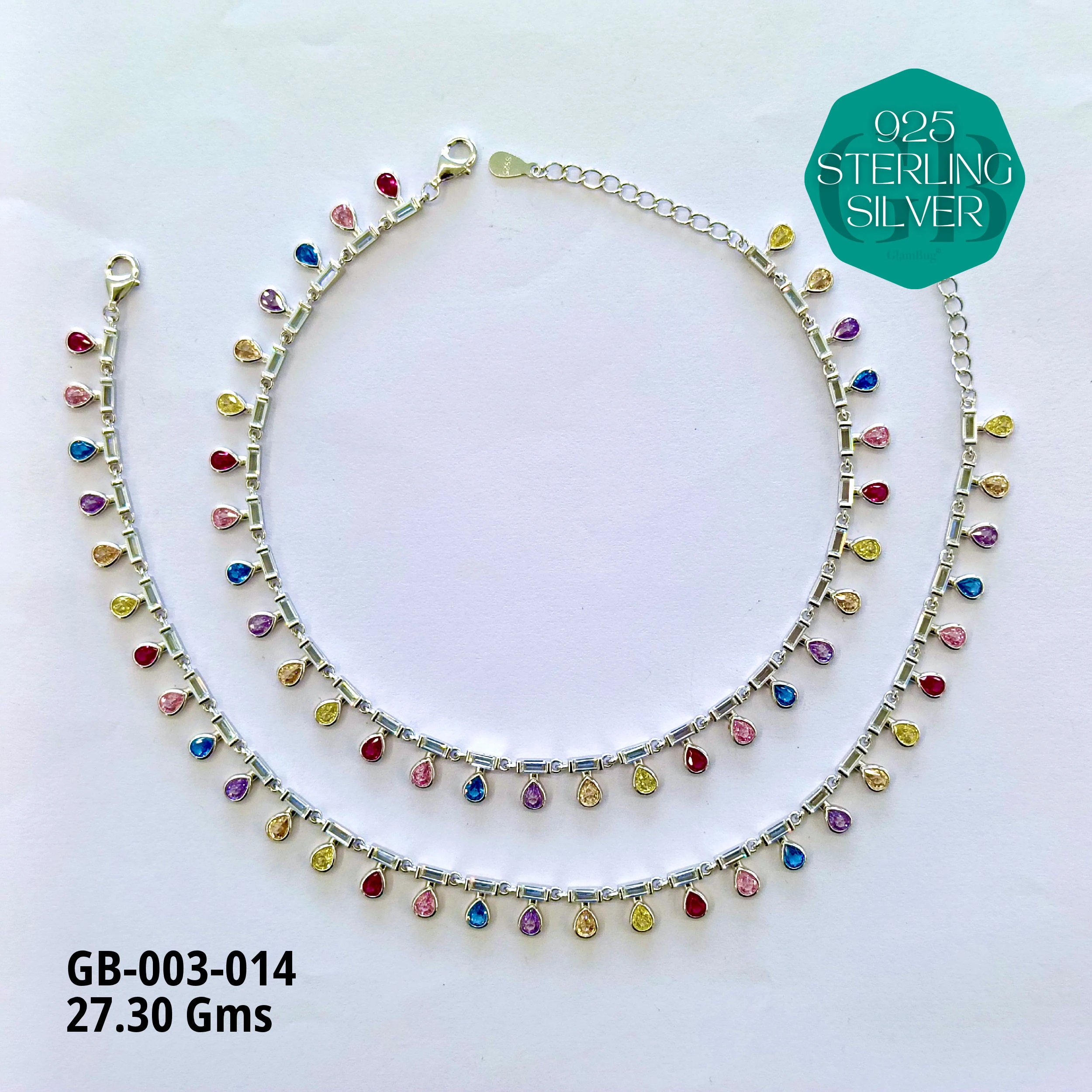 CZ DESI STYLE COLOUR ANKLETS - Premium 925 Silver Jewellery - SKU: GB-003-014 - Hyderabad Silver Importers
