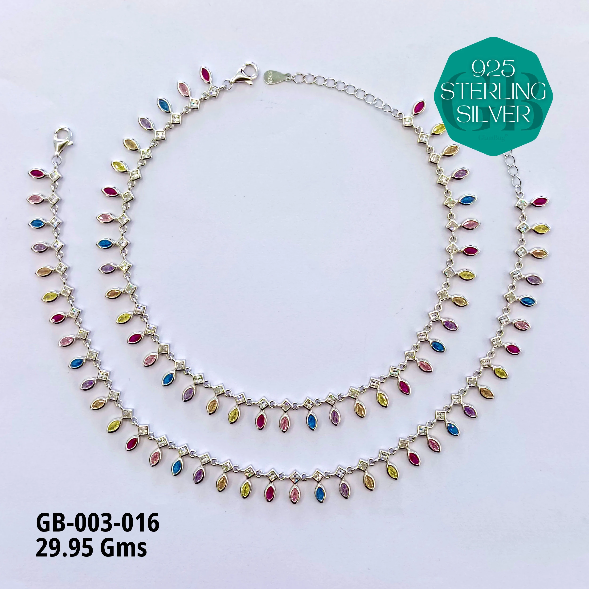 CZ DESI STYLE COLOUR ANKLETS - Premium 925 Silver Jewellery - SKU: GB-003-016 - Hyderabad Silver Importers