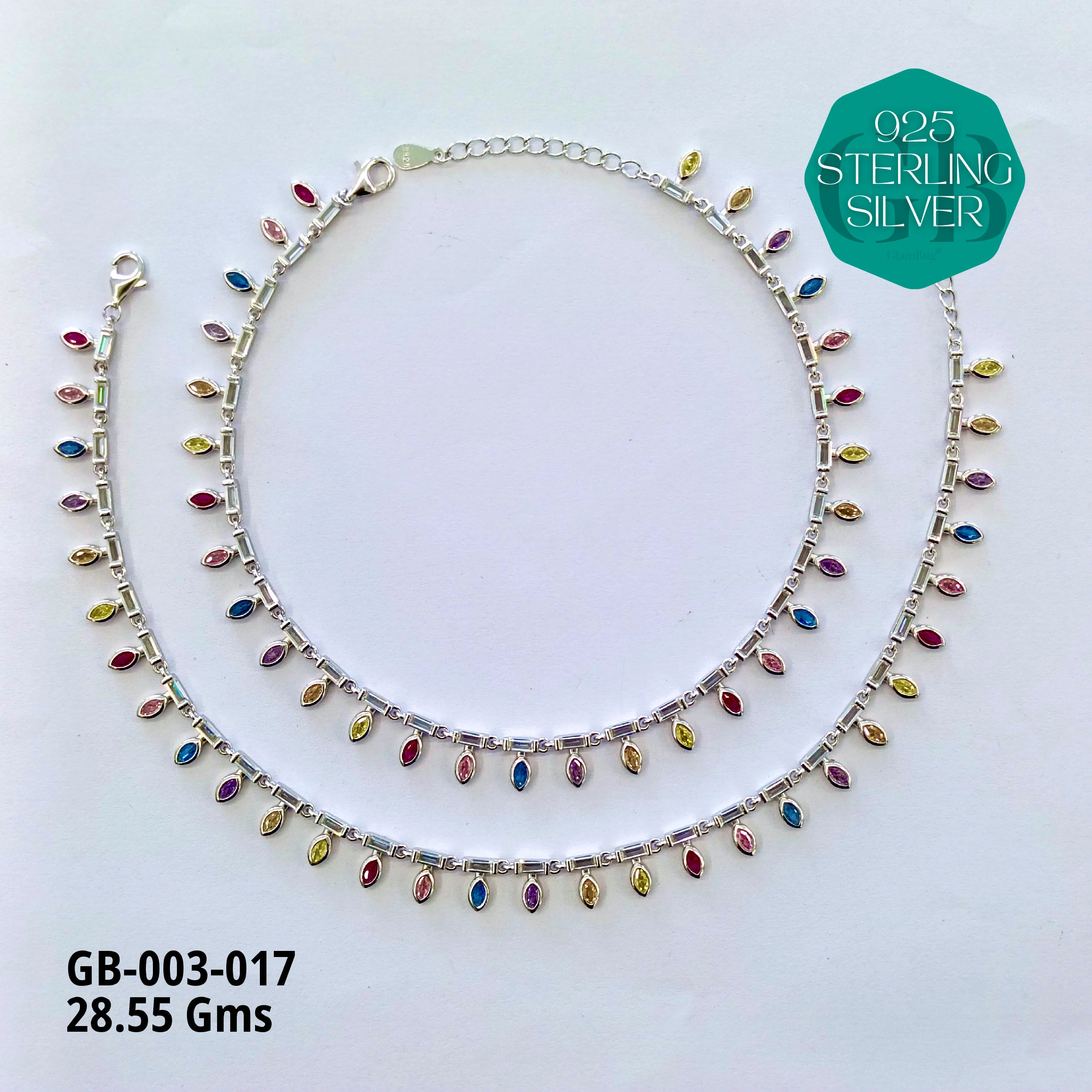 CZ DESI STYLE COLOUR ANKLETS - Premium 925 Silver Jewellery - SKU: GB-003-017 - Hyderabad Silver Importers