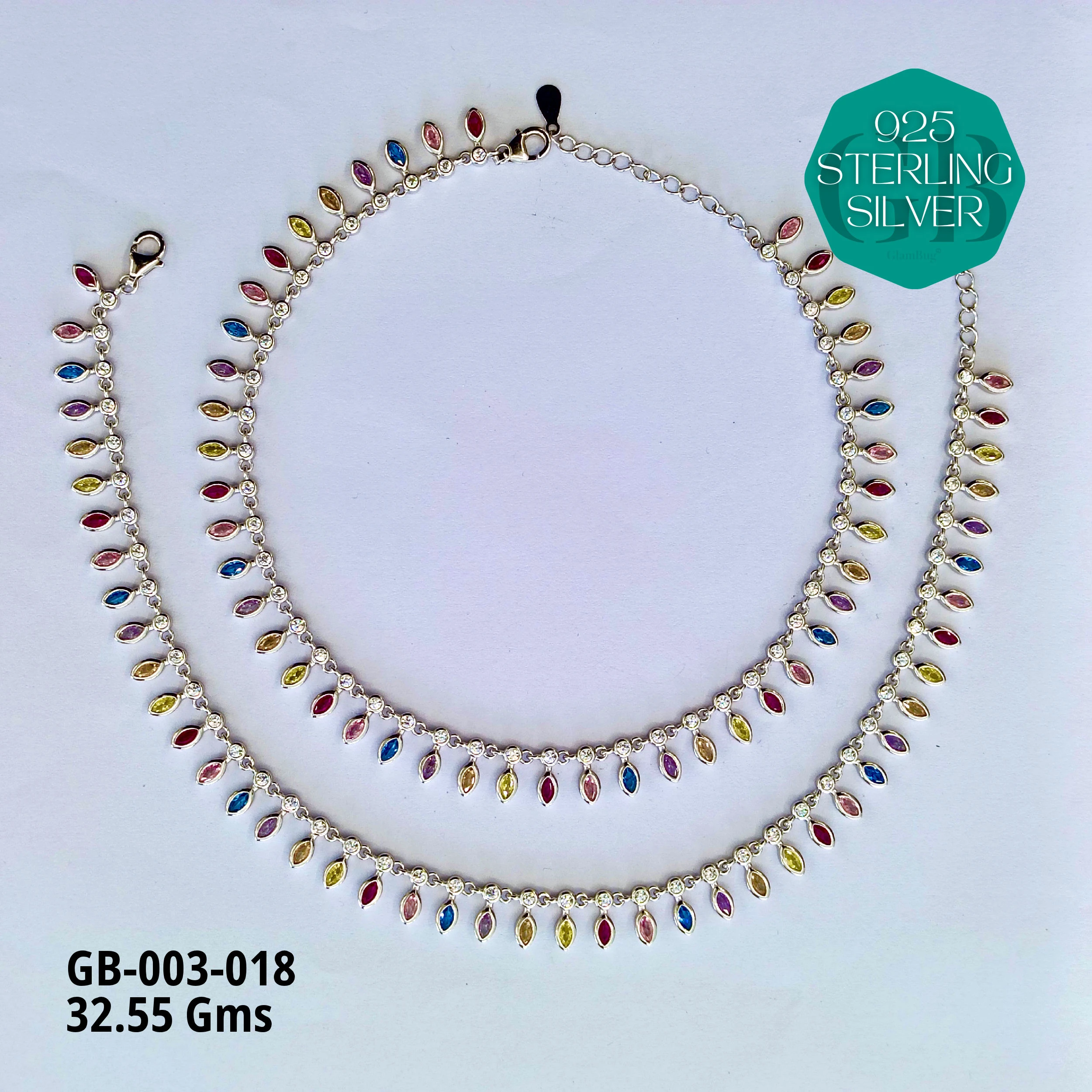 CZ DESI STYLE COLOUR ANKLETS - Premium 925 Silver Jewellery - SKU: GB-003-018 - Hyderabad Silver Importers