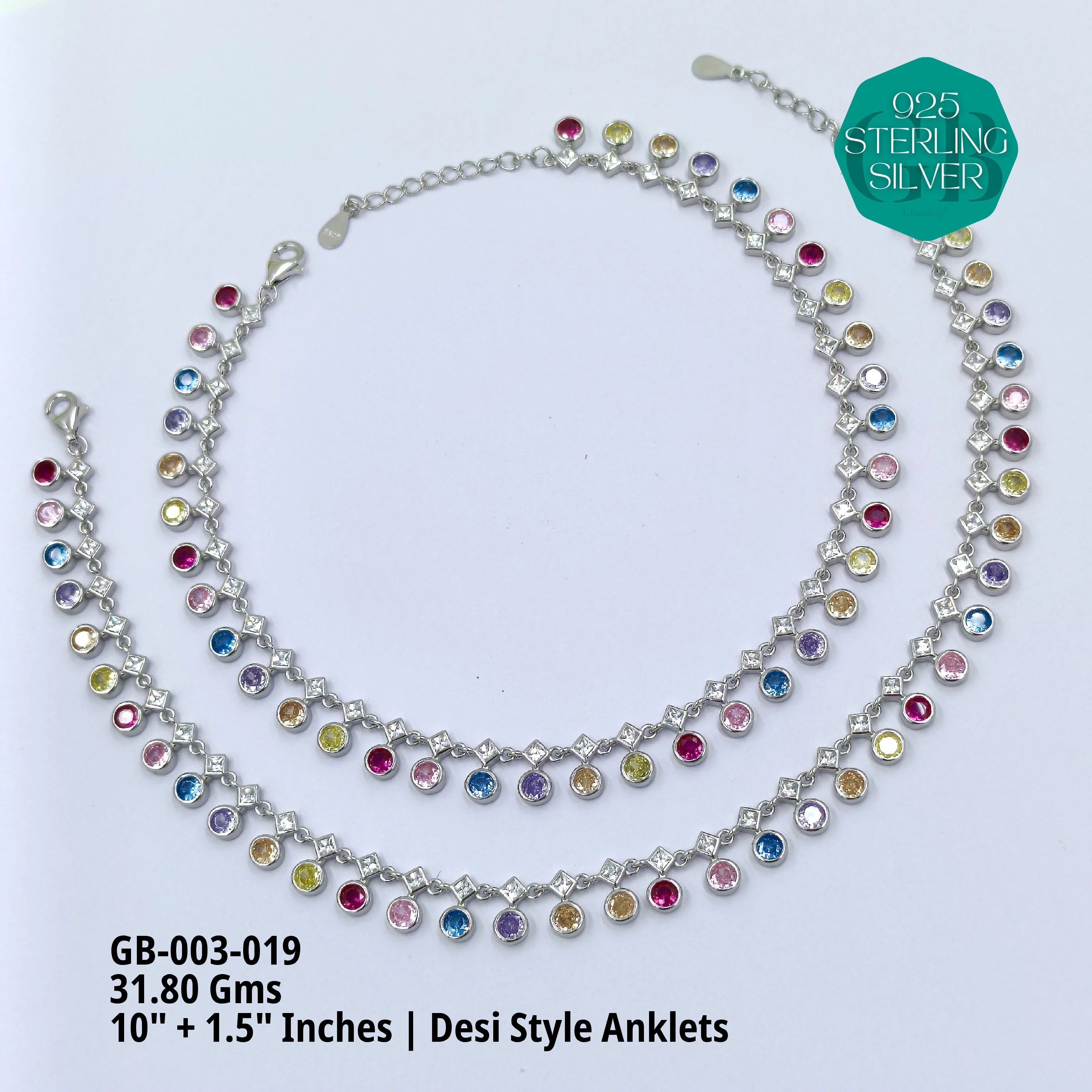 CZ DESI STYLE COLOUR ANKLETS - Premium 925 Silver Jewellery - SKU: GB-003-019 - Hyderabad Silver Importers