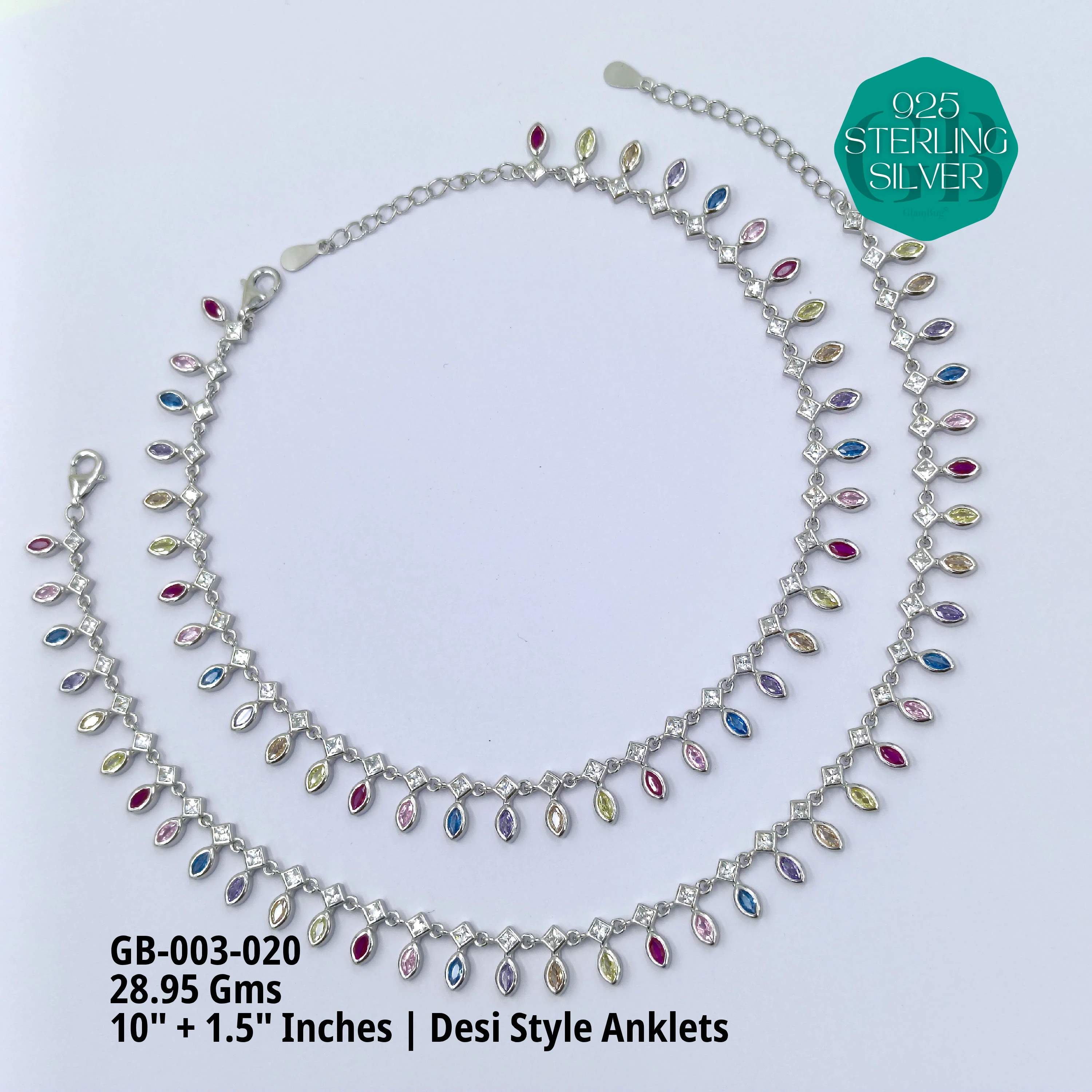 CZ DESI STYLE COLOUR ANKLETS - Premium 925 Silver Jewellery - SKU: GB-003-020 - Hyderabad Silver Importers