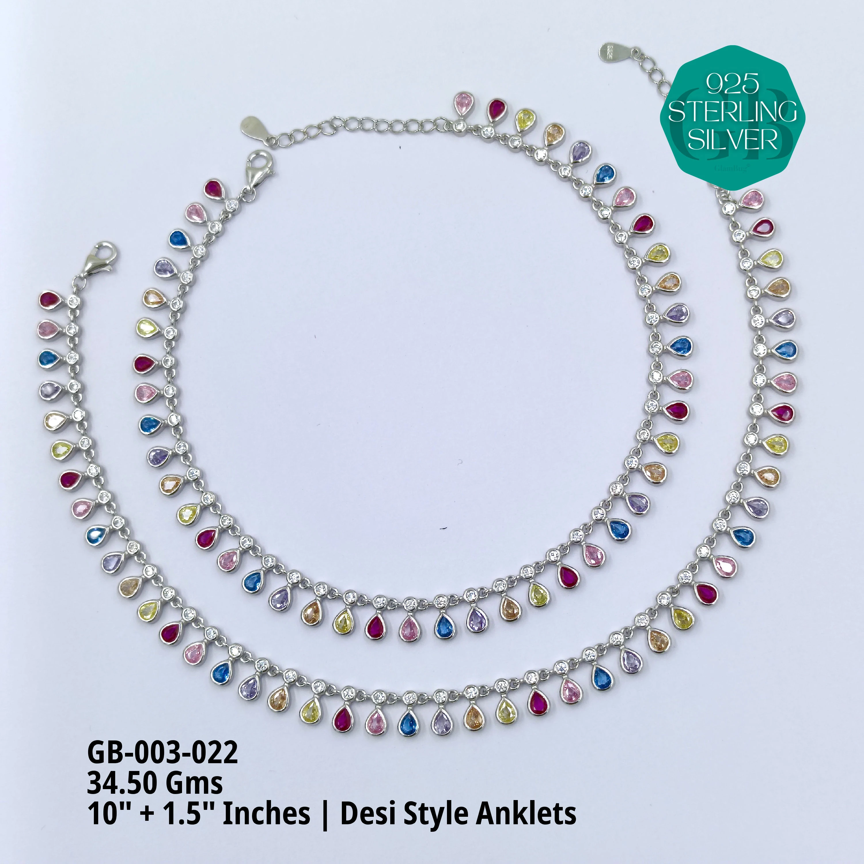CZ DESI STYLE COLOUR ANKLETS - Premium 925 Silver Jewellery - SKU: GB-003-022 - Hyderabad Silver Importers