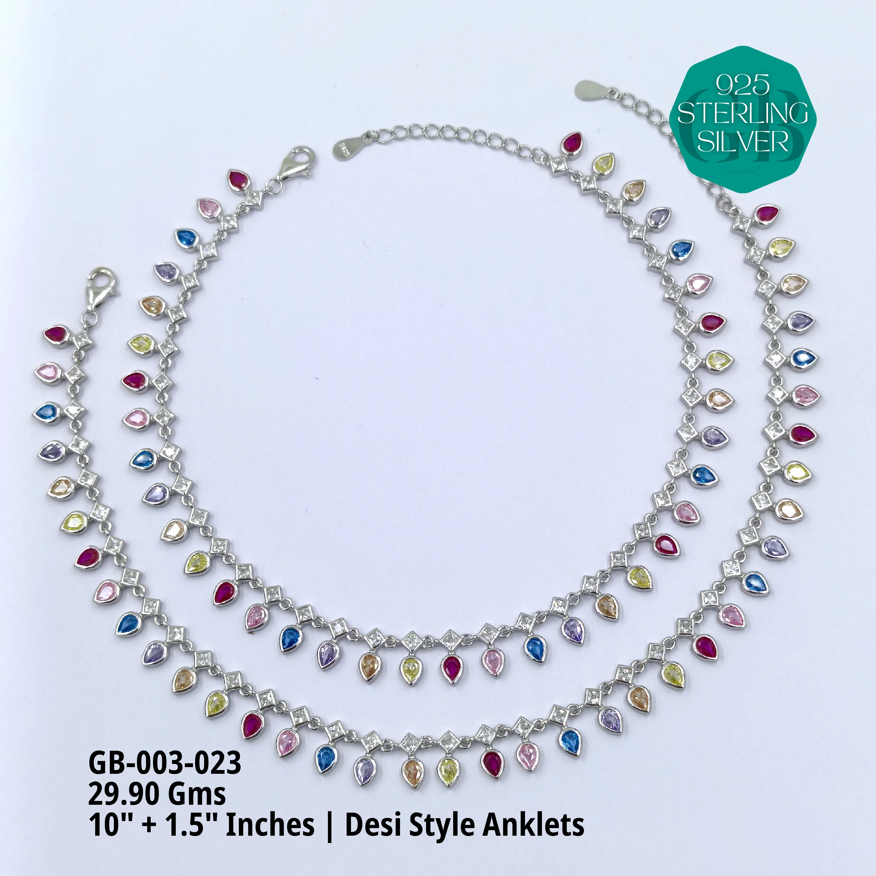 CZ DESI STYLE COLOUR ANKLETS - Premium 925 Silver Jewellery - SKU: GB-003-023 - Hyderabad Silver Importers