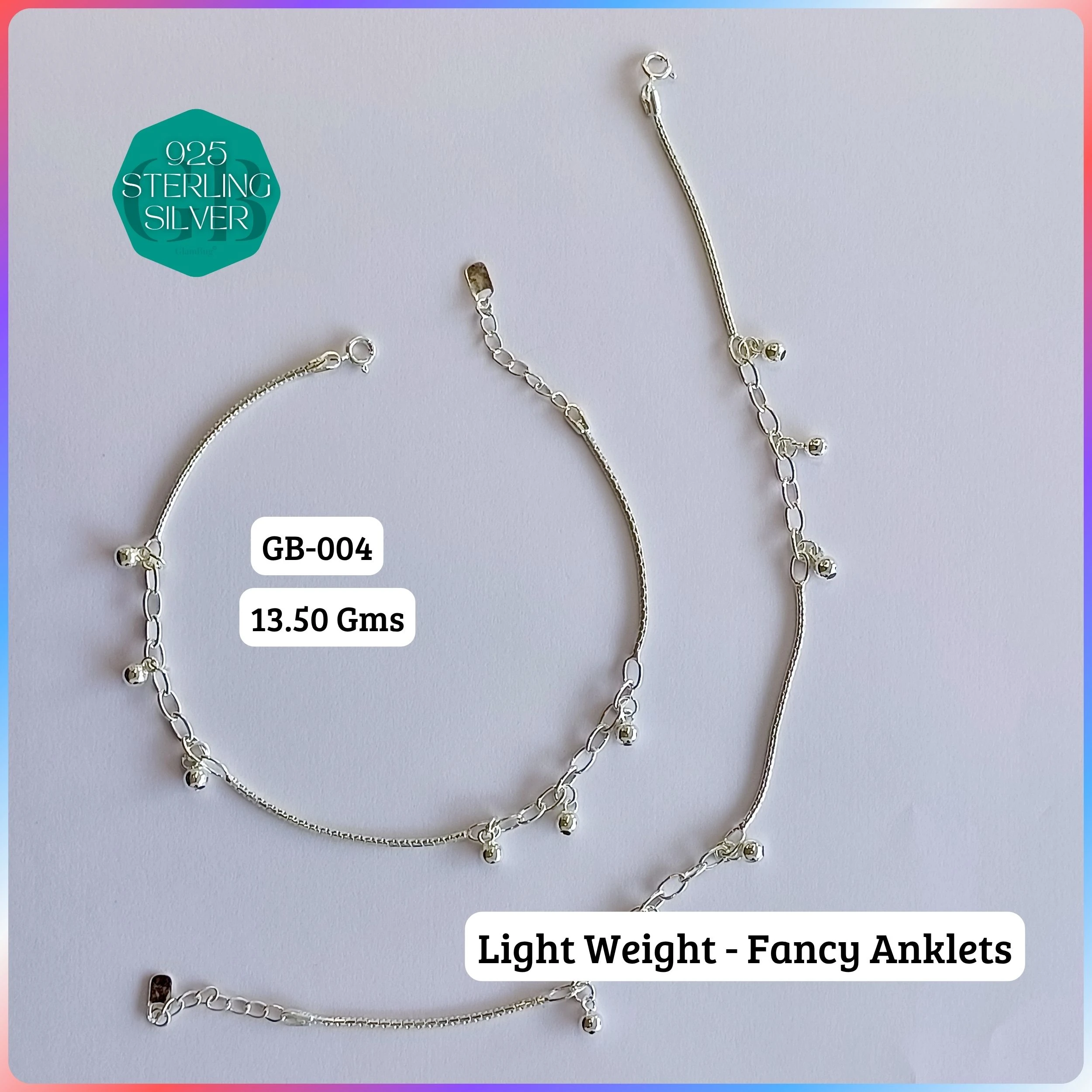 HP LIGHT WEIGHT FANCY ANKLET - Premium 925 Silver Jewellery - SKU: GB-004-013 - Hyderabad Silver Importers