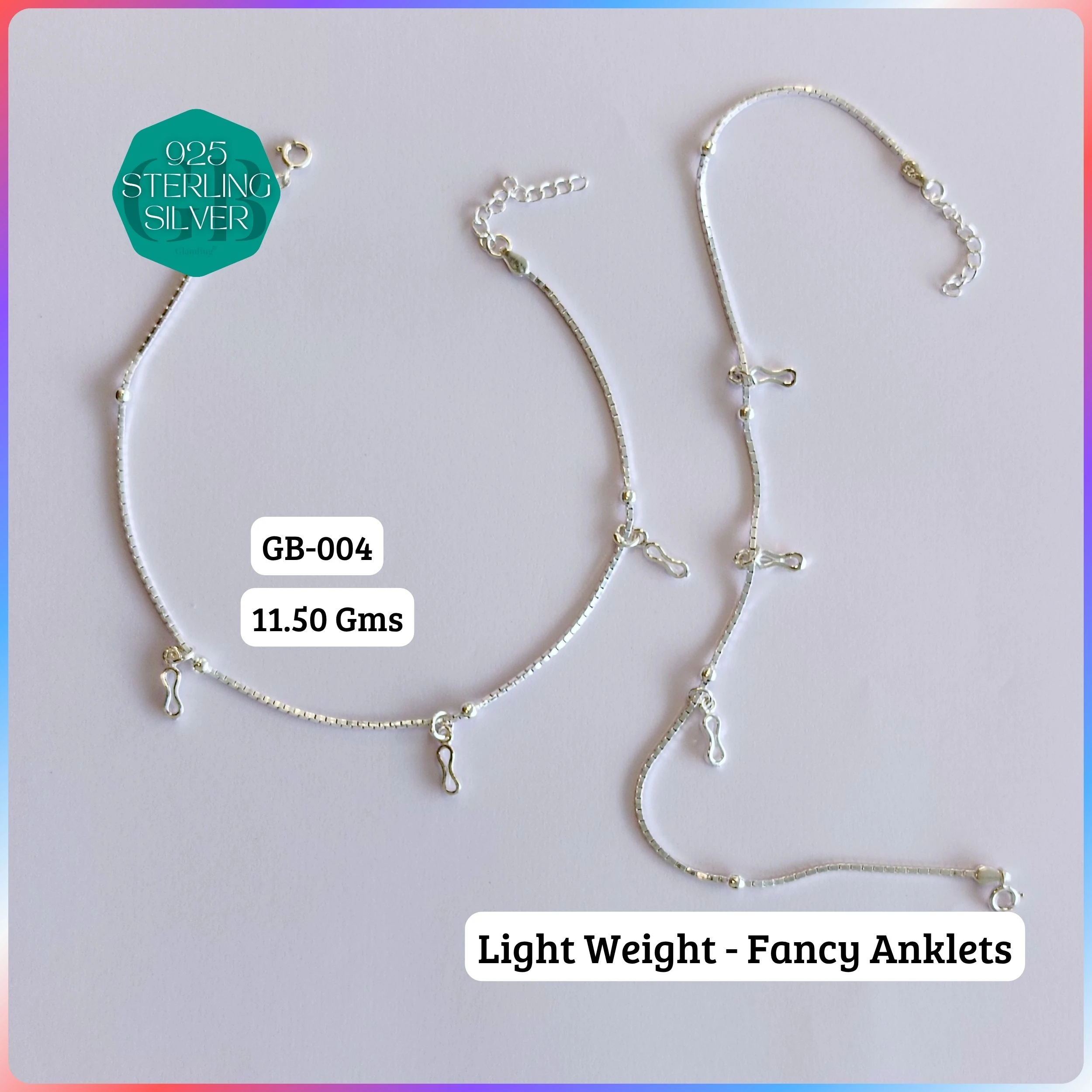 HP LIGHT WEIGHT FANCY ANKLET - Premium 925 Silver Jewellery - SKU: GB-004-015 - Hyderabad Silver Importers