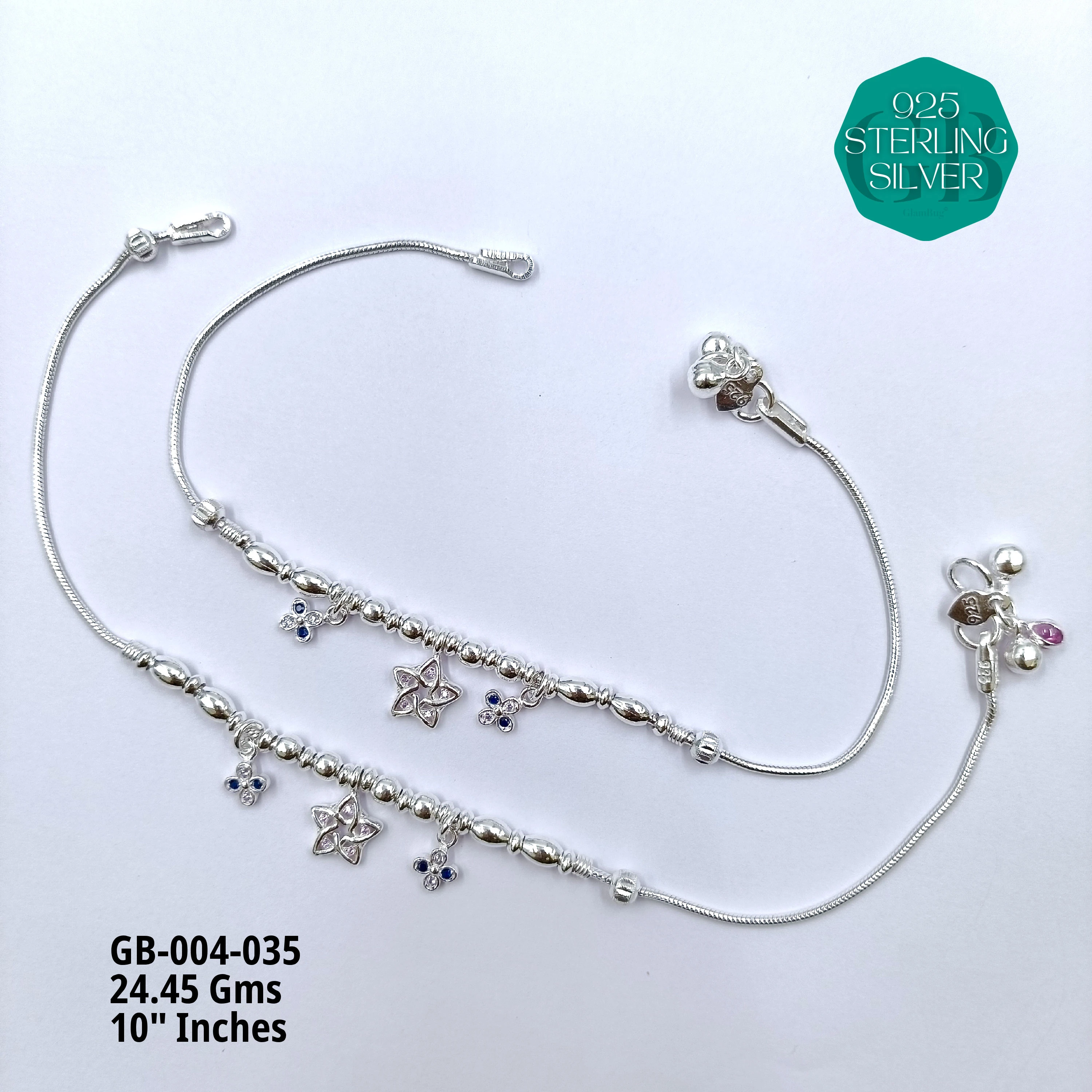 HP LIGHT WEIGHT FANCY ANKLET - Premium 925 Silver Jewellery - SKU: GB-004-035 - Hyderabad Silver Importers
