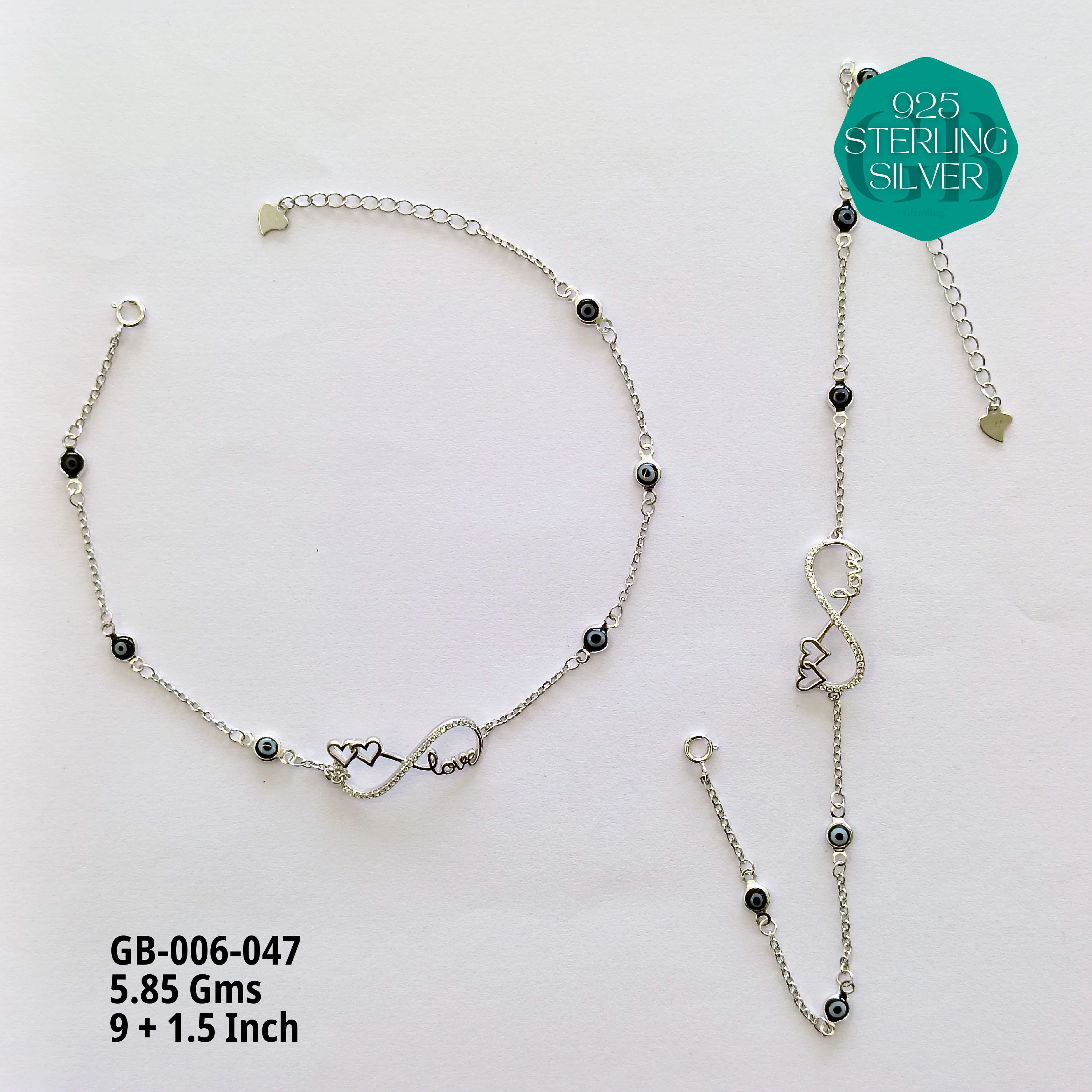 EVIL EYE INFINITY ANKLETS - Premium 925 Silver Jewellery - SKU: GB-006-047 - Hyderabad Silver Importers