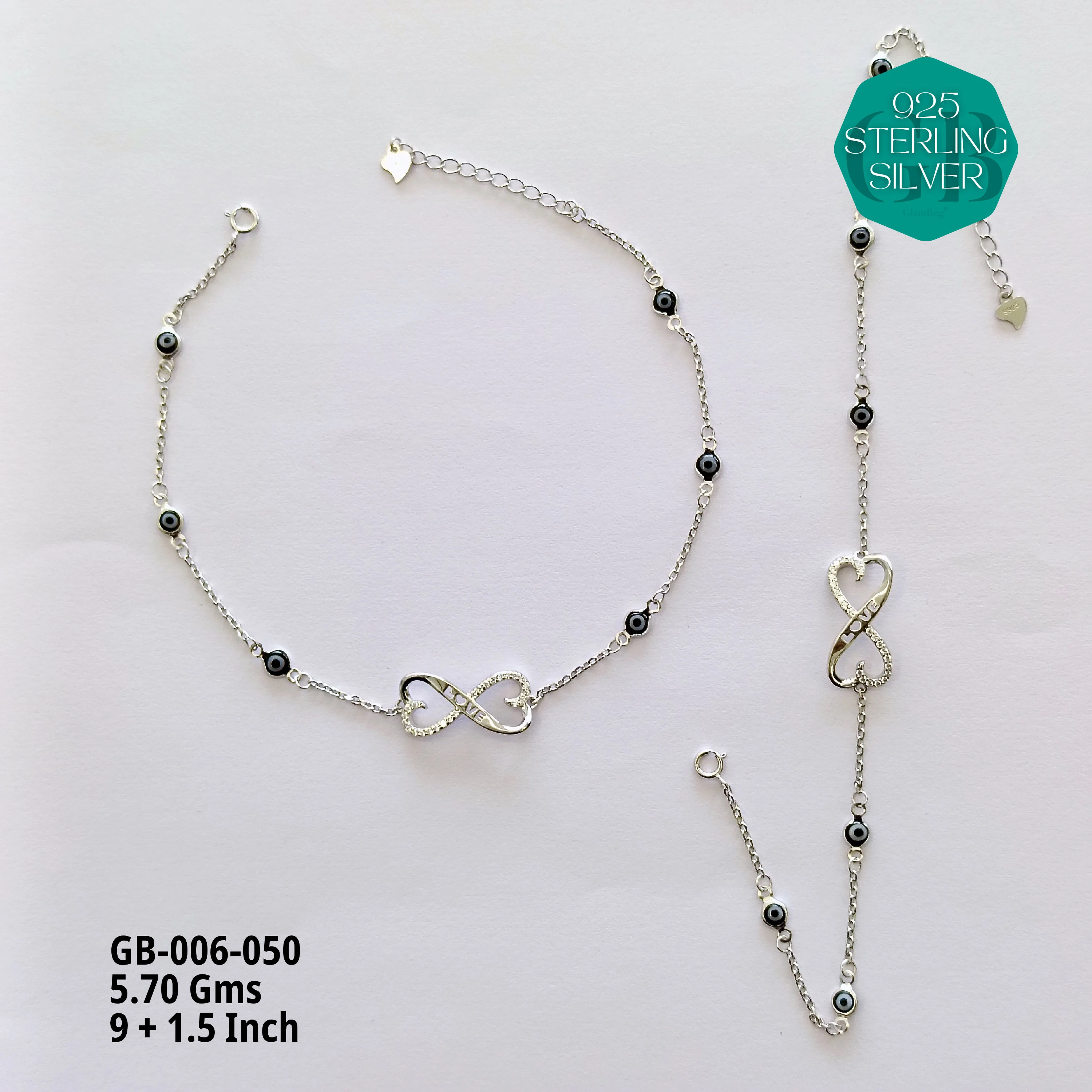 EVIL EYE INFINITY ANKLETS - Premium 925 Silver Jewellery - SKU: GB-006-050 - Hyderabad Silver Importers