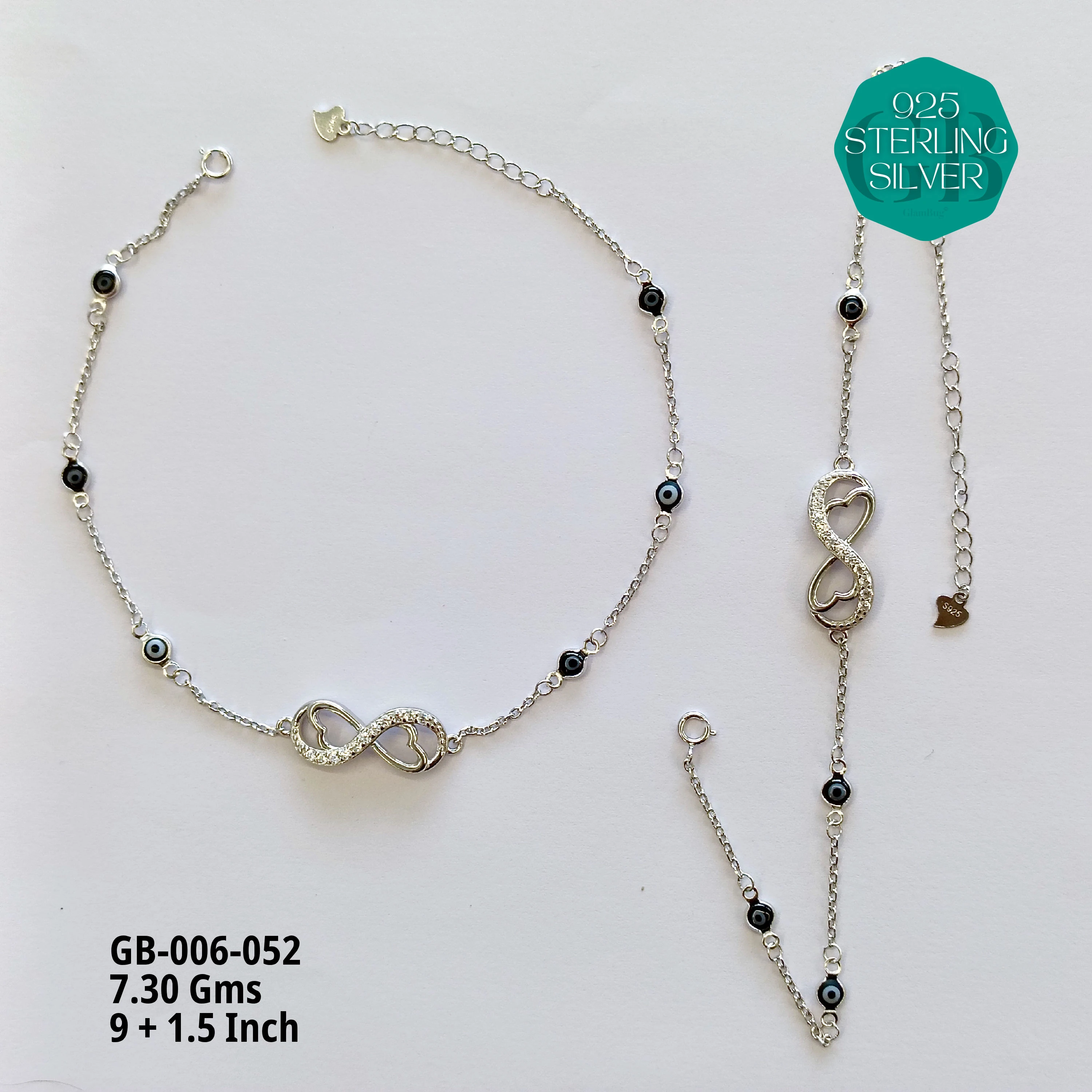 EVIL EYE INFINITY ANKLETS - Premium 925 Silver Jewellery - SKU: GB-006-052 - Hyderabad Silver Importers