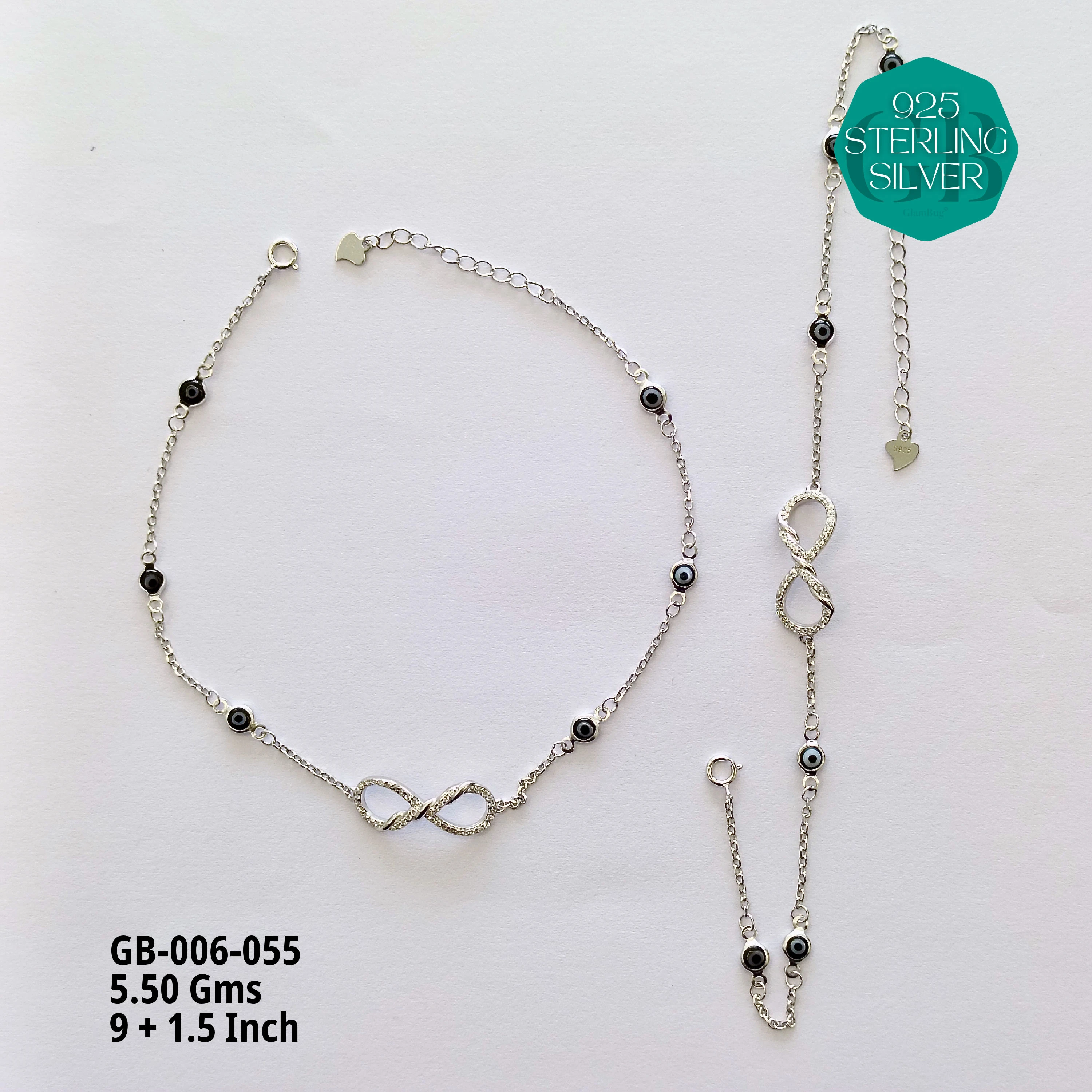 EVIL EYE INFINITY ANKLETS - Premium 925 Silver Jewellery - SKU: GB-006-055 - Hyderabad Silver Importers