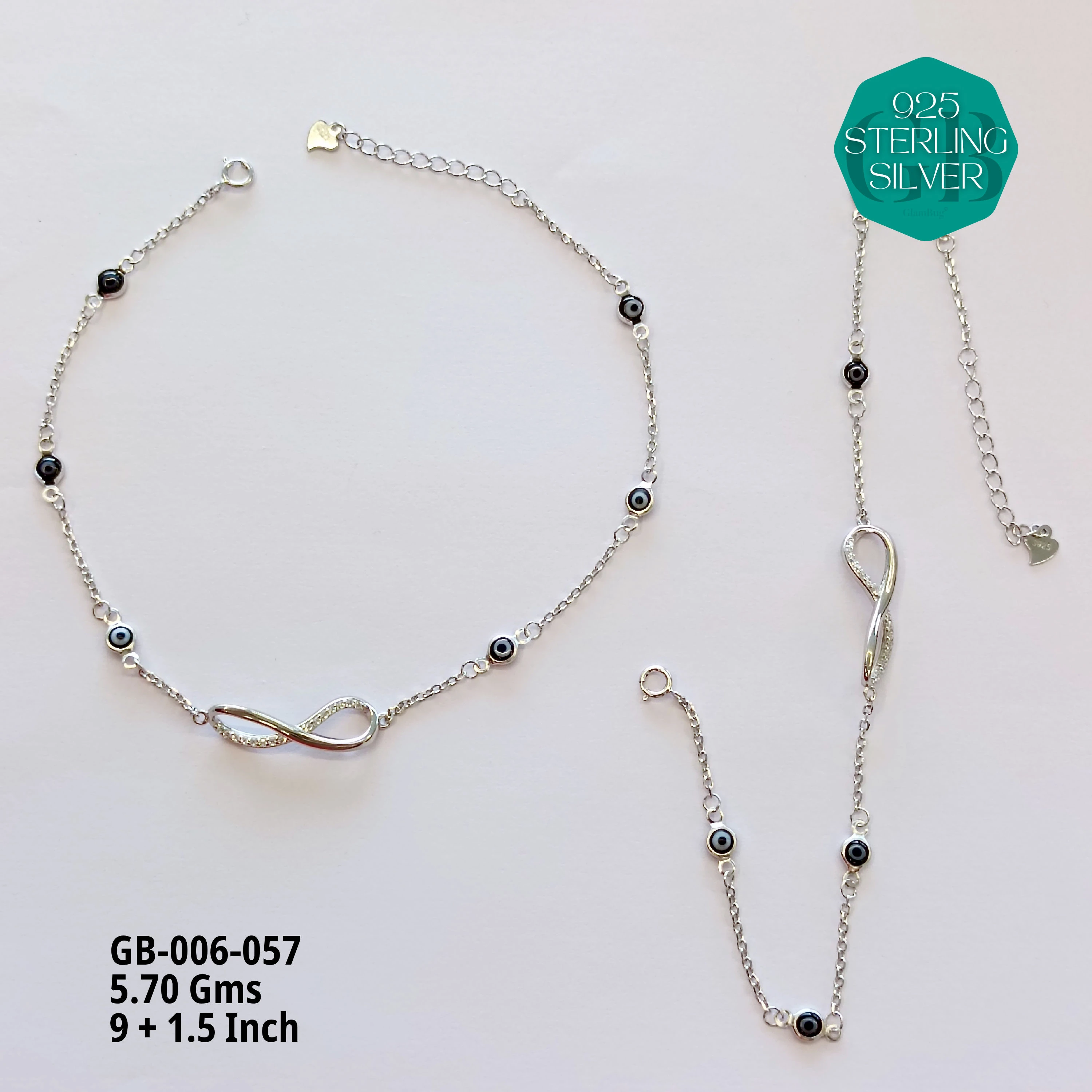 EVIL EYE INFINITY ANKLETS - Premium 925 Silver Jewellery - SKU: GB-006-057 - Hyderabad Silver Importers