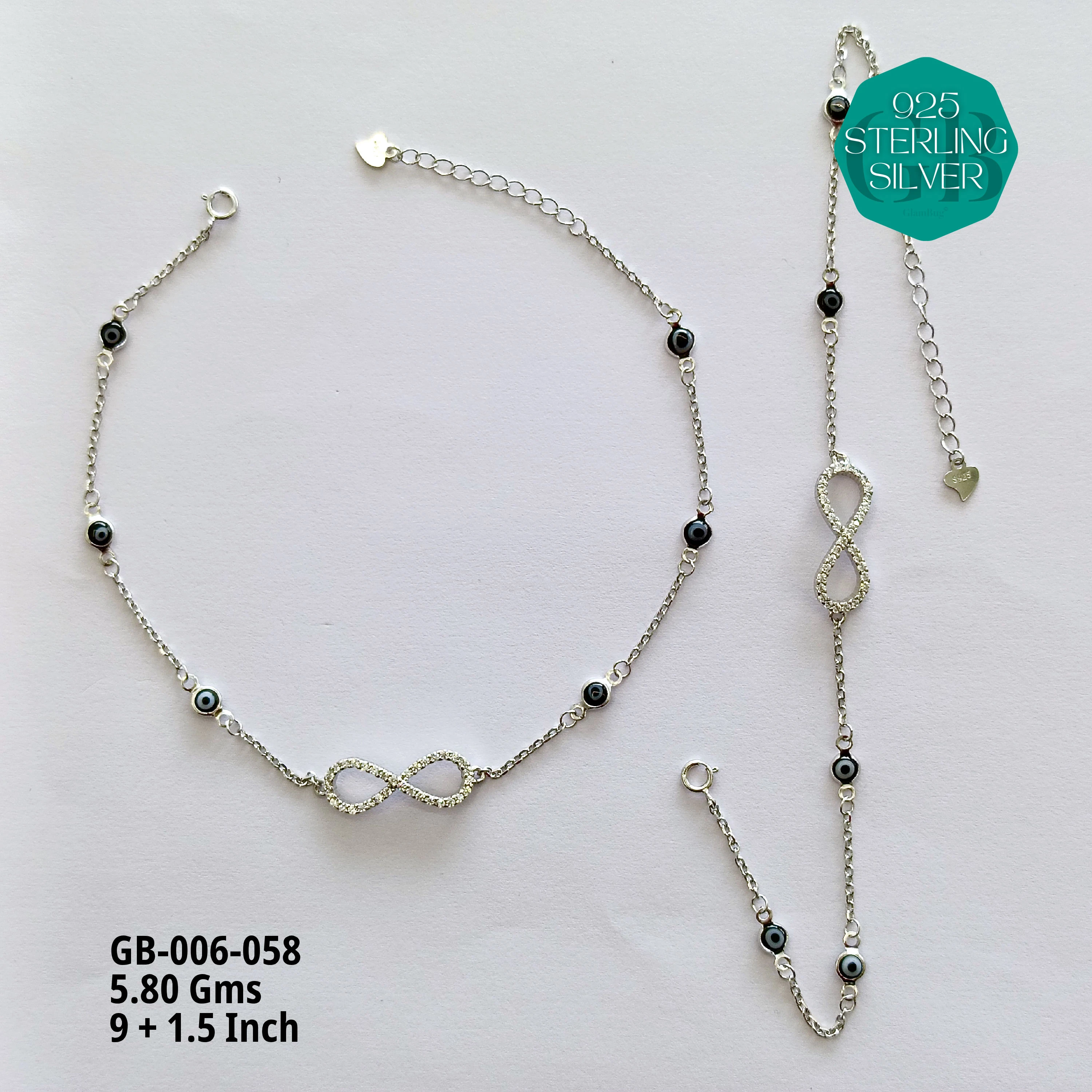 EVIL EYE INFINITY ANKLETS - Premium 925 Silver Jewellery - SKU: GB-006-058 - Hyderabad Silver Importers