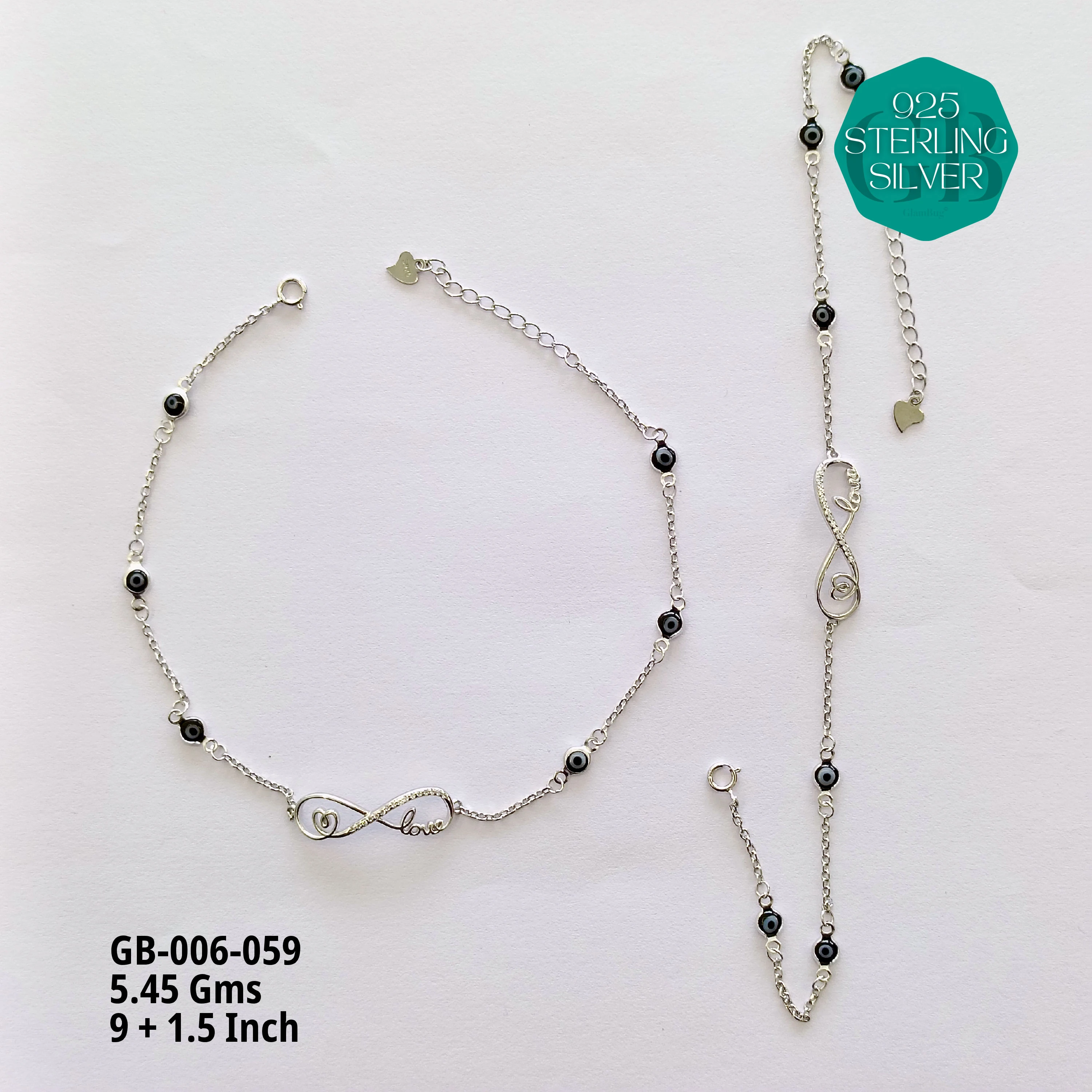 EVIL EYE INFINITY ANKLETS - Premium 925 Silver Jewellery - SKU: GB-006-059 - Hyderabad Silver Importers
