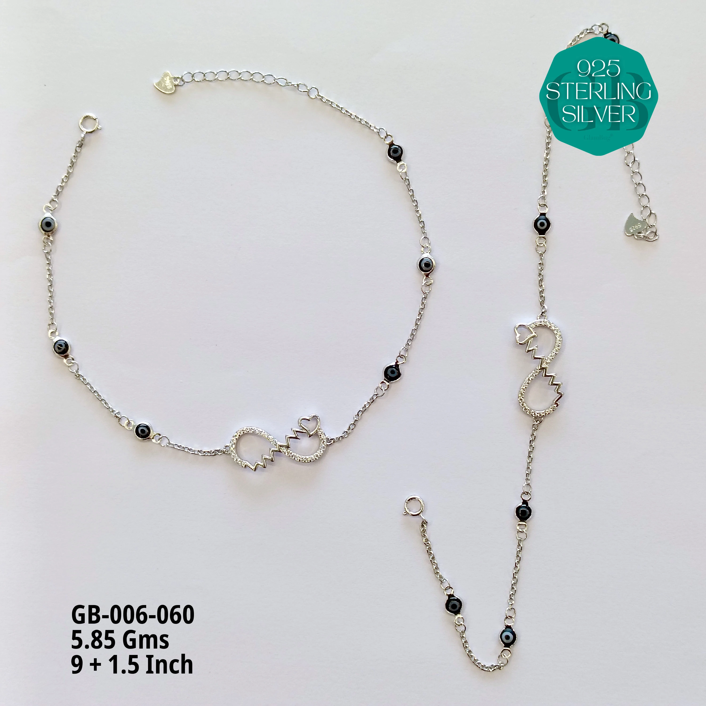 EVIL EYE INFINITY ANKLETS - Premium 925 Silver Jewellery - SKU: GB-006-060 - Hyderabad Silver Importers