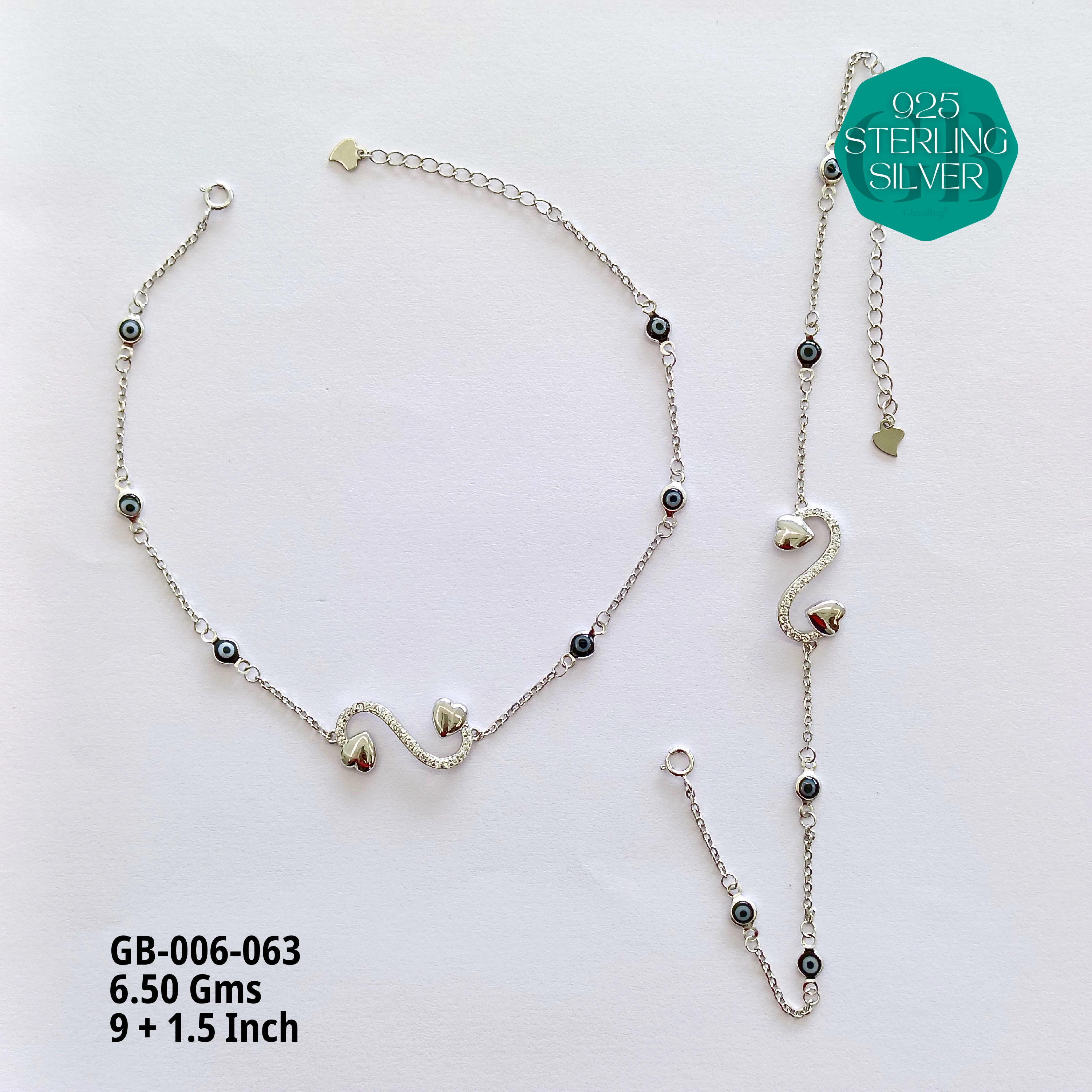 EVIL EYE INFINITY ANKLETS - Premium 925 Silver Jewellery - SKU: GB-006-063 - Hyderabad Silver Importers