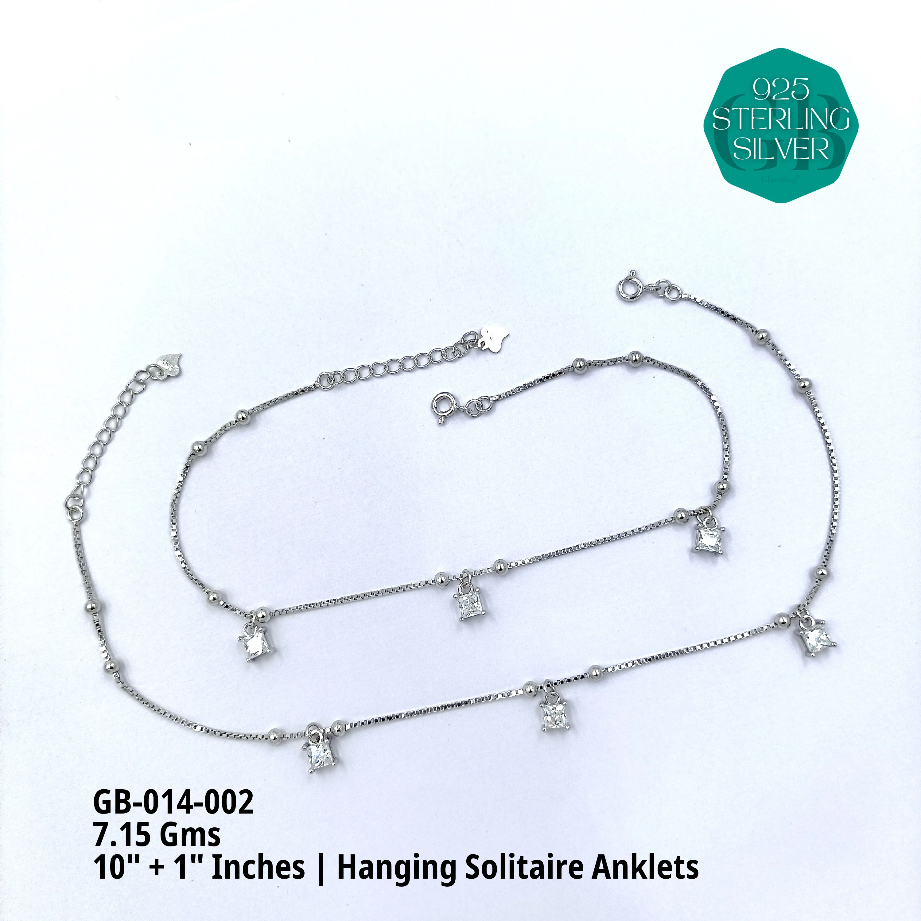 CZ HANGING SOLITAIRE ANKLETS - Premium 925 Silver Jewellery - SKU: GB-014-002 - Hyderabad Silver Importers