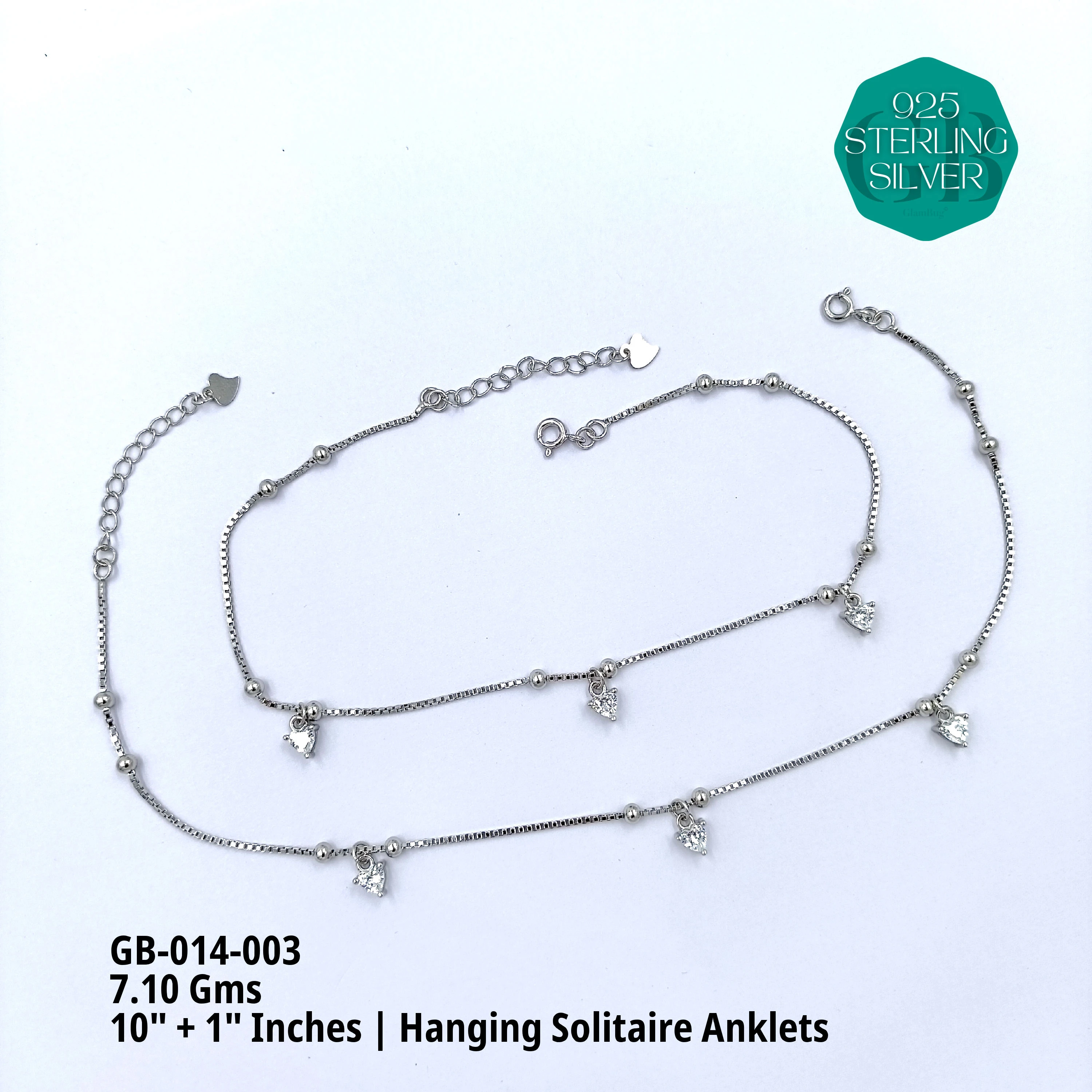 CZ HANGING SOLITAIRE ANKLETS - Premium 925 Silver Jewellery - SKU: GB-014-003 - Hyderabad Silver Importers